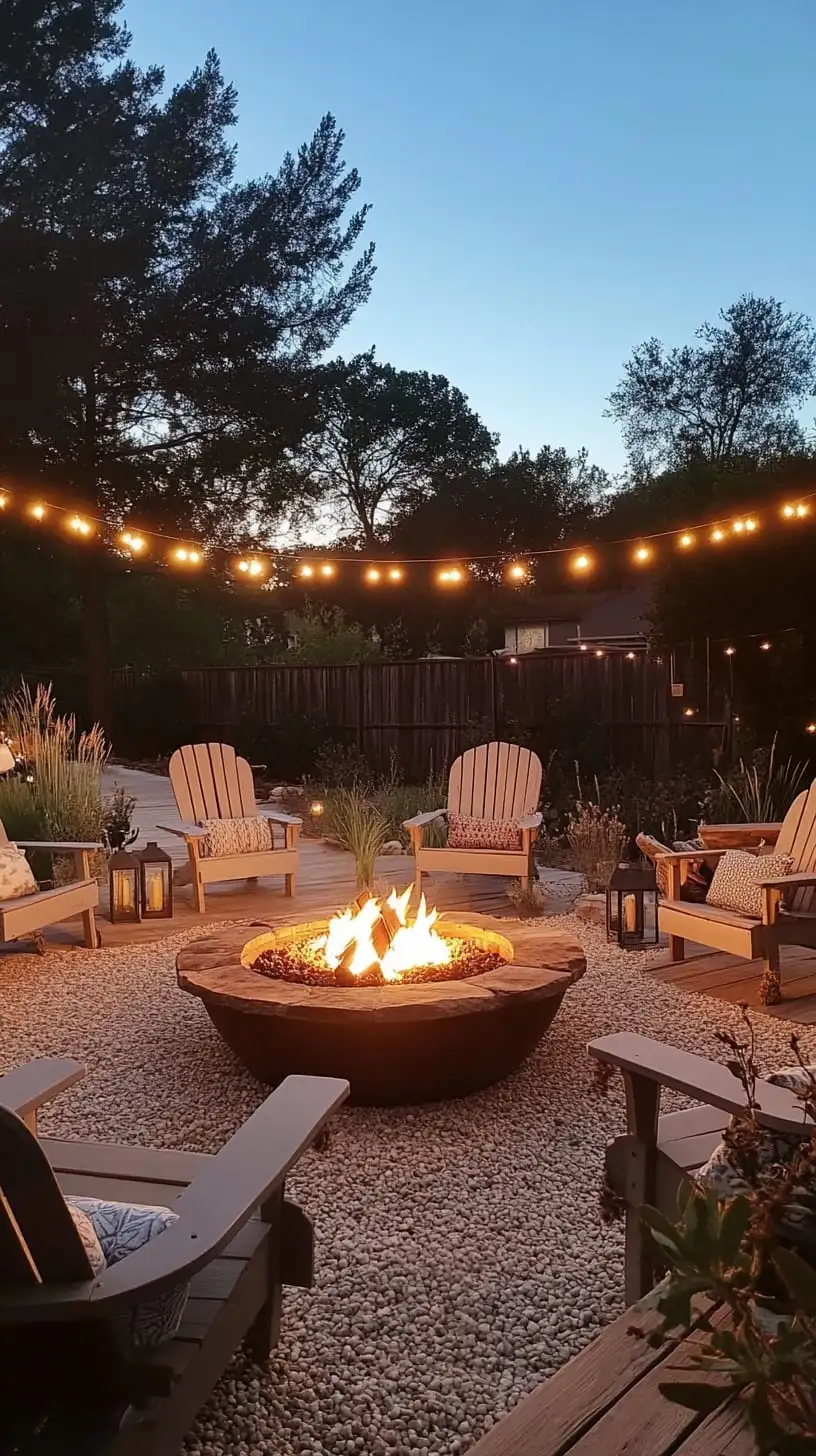 A cozy backyard fire pit surrounded by Adirondack chairs and string lights, set on a gravel patio at dusk.