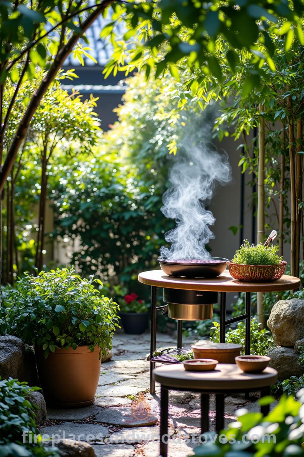 Japanese Zen outdoor barbecue nestled in a serene garden framed by bamboo, featuring a charred wooden grill, dappled sunlight filtering through leaves, and a small table with fresh herbs, offering cozy ideas and decor inspirations for your home at fireplacesandwoodstoves.com.