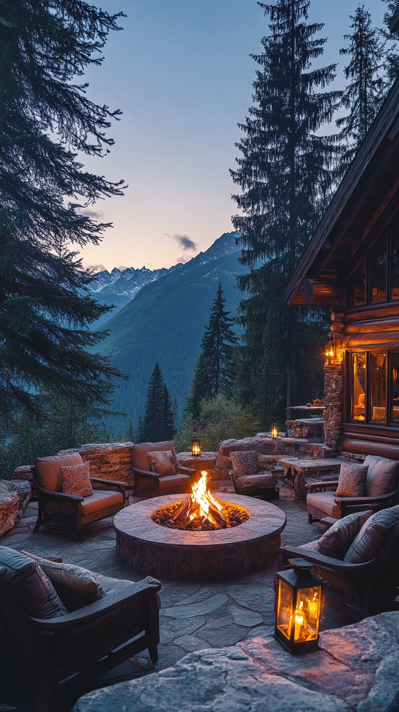 A rustic mountain lodge with an outdoor fire pit surrounded by comfortable seating and pine trees, illuminated by lanterns at dusk.