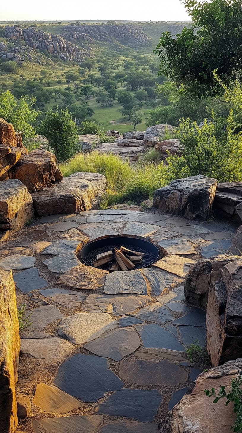 A cozy fire pit surrounded by natural stone and flat stones, overlooking a lush green landscape, capturing the essence of an African safari retreat.