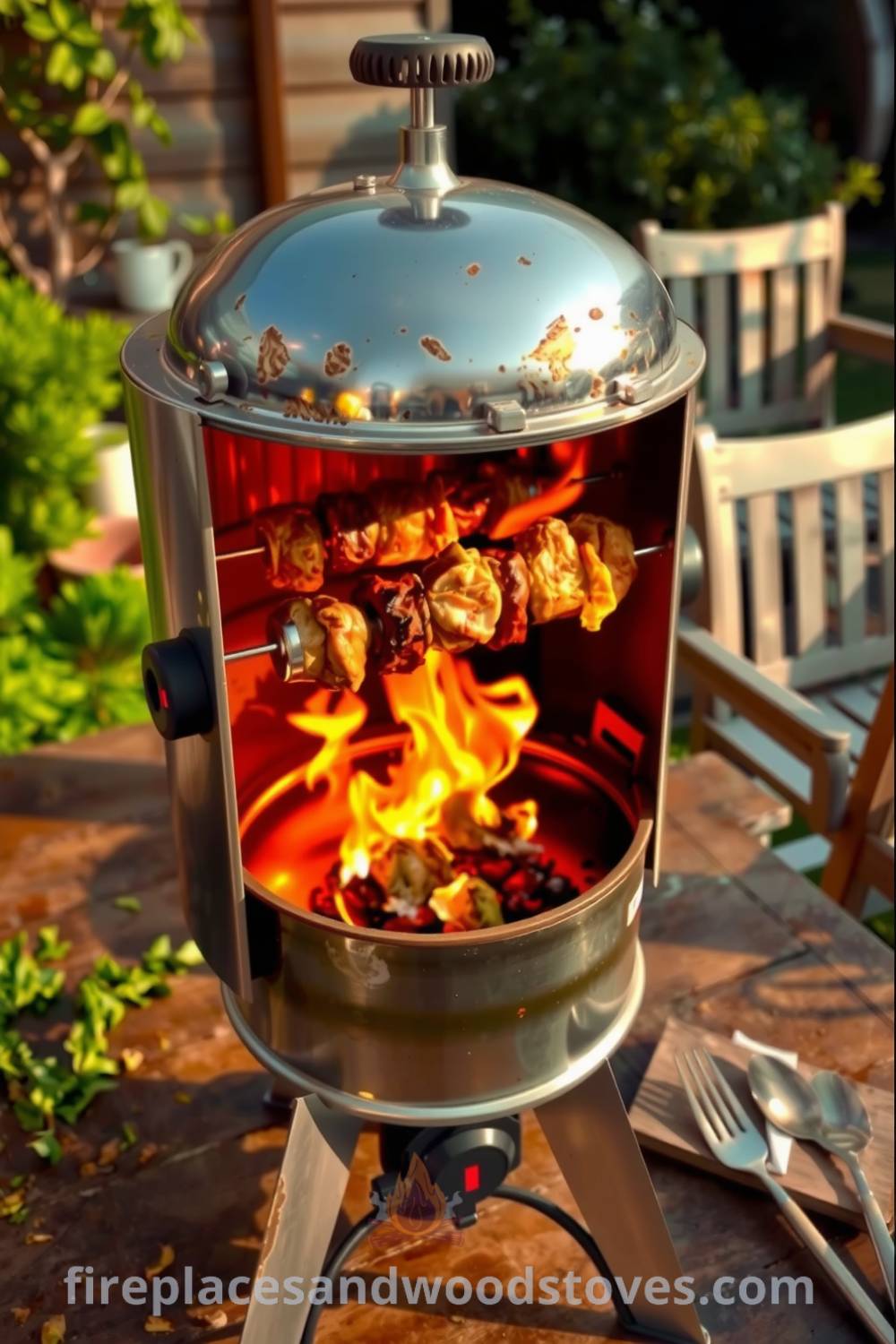 Sturdy rotisserie barbecue on a sun-warmed patio, featuring smudges and slight rust, with skewered meats cooking over crackling fire, surrounded by a wooden table and garden chairs, perfect for cozy gatherings. Visit fireplacesandwoodstoves.com for more cozy ideas and inspirations for your home.