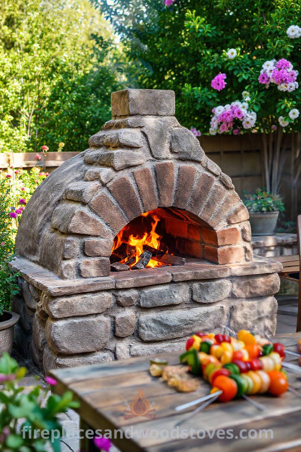 Stone BBQ oven in a sunlit patio surrounded by greenery with a wooden table set with vibrant vegetables, creating a cozy and inviting outdoor atmosphere perfect for gatherings. Visit patioandhomefurniture.com for incredible outdoor design inspiration.