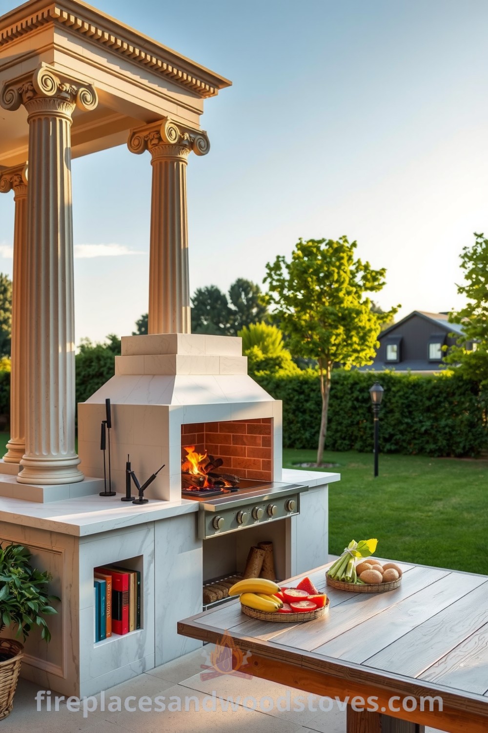 Elegant outdoor barbecue made of white marble in a spacious garden, flanked by grand columns, with crackling wood flames and a weathered wooden table prepared with fresh ingredients for a summer feast, showcasing cozy design ideas for your home. Visit fireplacesandwoodstoves.com for more unique ideas.
