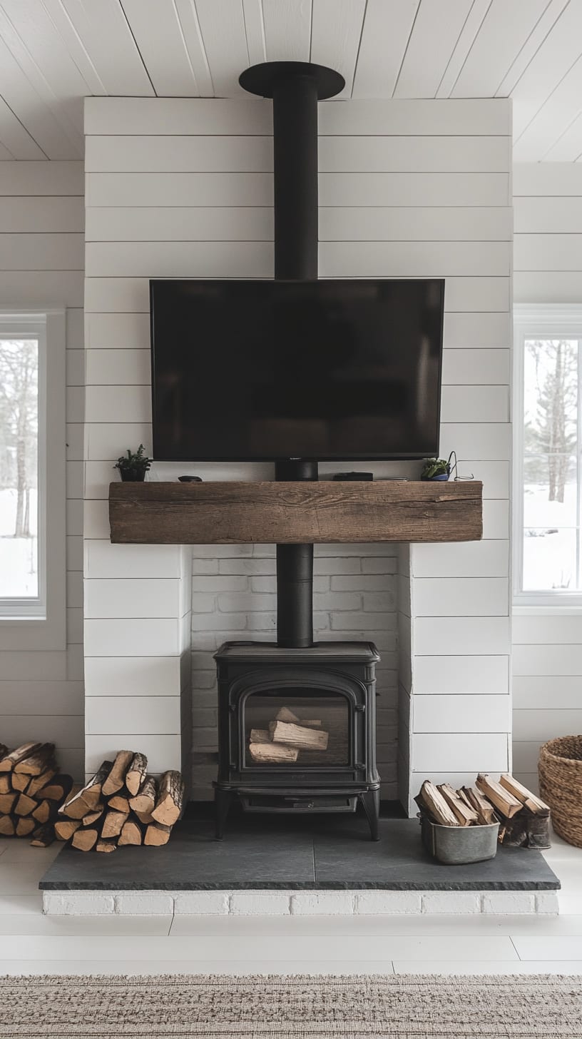 A cozy Scandinavian living room featuring a white shiplap wall with a modern wood stove and firewood, enhanced by rustic decor and natural light.