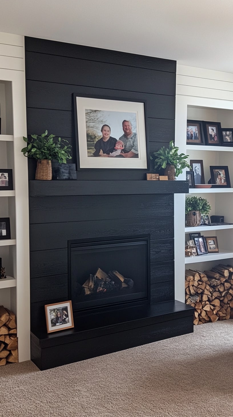 A black shiplap fireplace wall with white shelves, a family photo above, and stacked firewood beside it, situated in a cozy living room with a beige carpet.