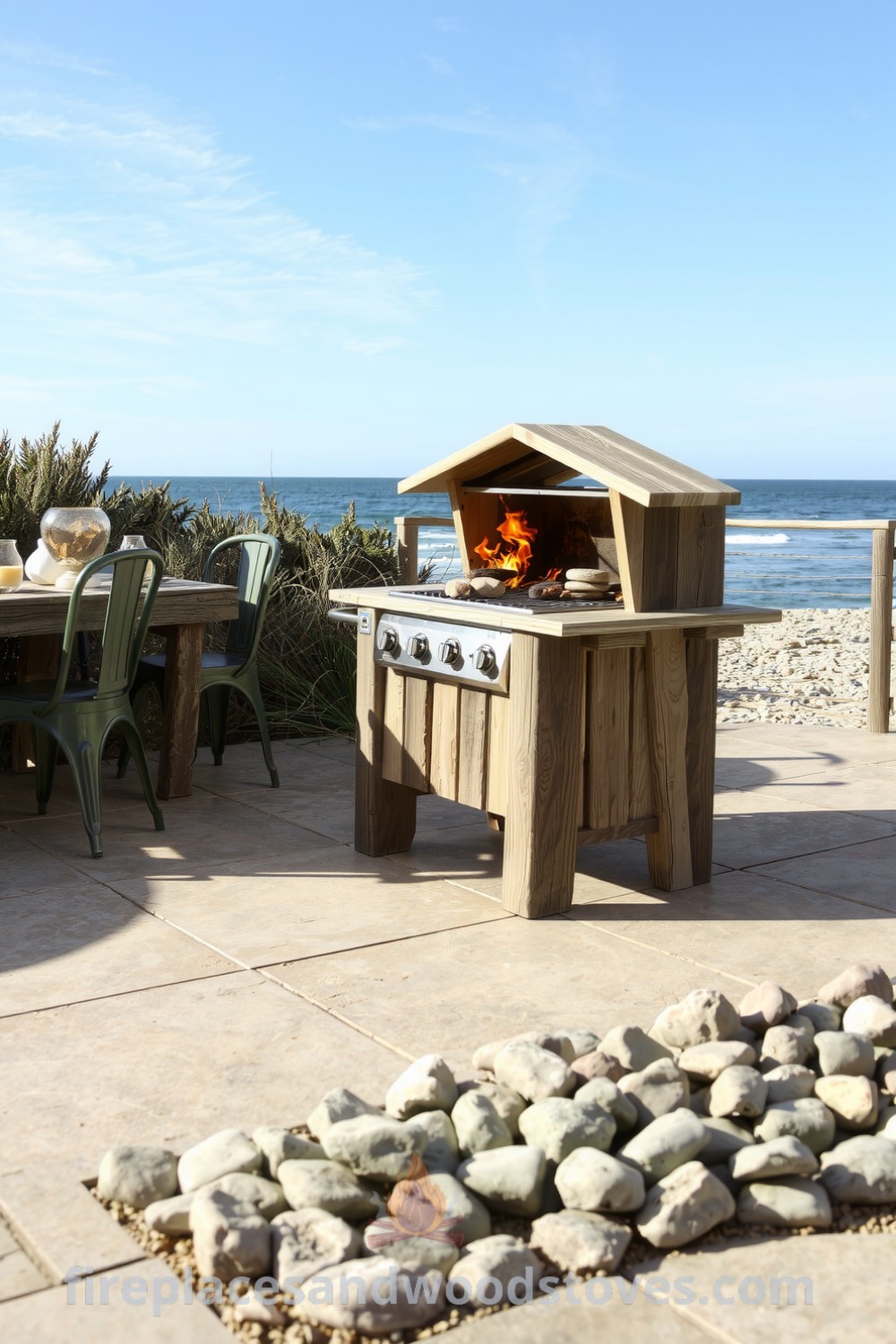Coastal driftwood outdoor barbecue on a breezy patio surrounded by smooth stones and mismatched chairs, with flames illuminating the weathered tiles and creating a cozy atmosphere, featuring unique ideas for your home on fireplacesandwoodstoves.com.