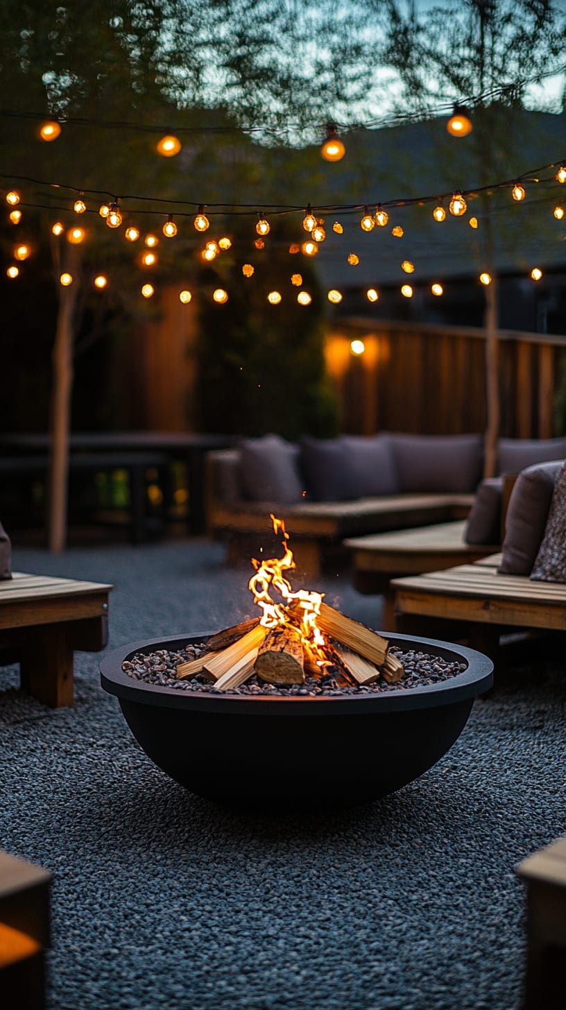 A modern fire pit in the center of an outdoor patio, surrounded by comfortable seating and string lights, creating a cozy atmosphere for socializing at night.