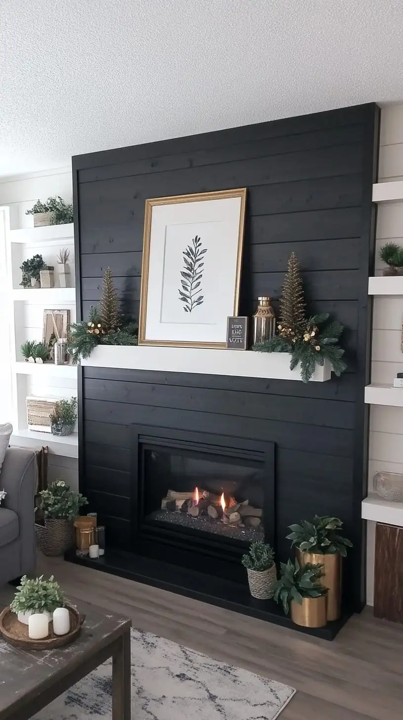 A cozy living room featuring a black shiplap fireplace wall adorned with Christmas decorations, including greenery and gold accents, alongside white shelves and light wood flooring.