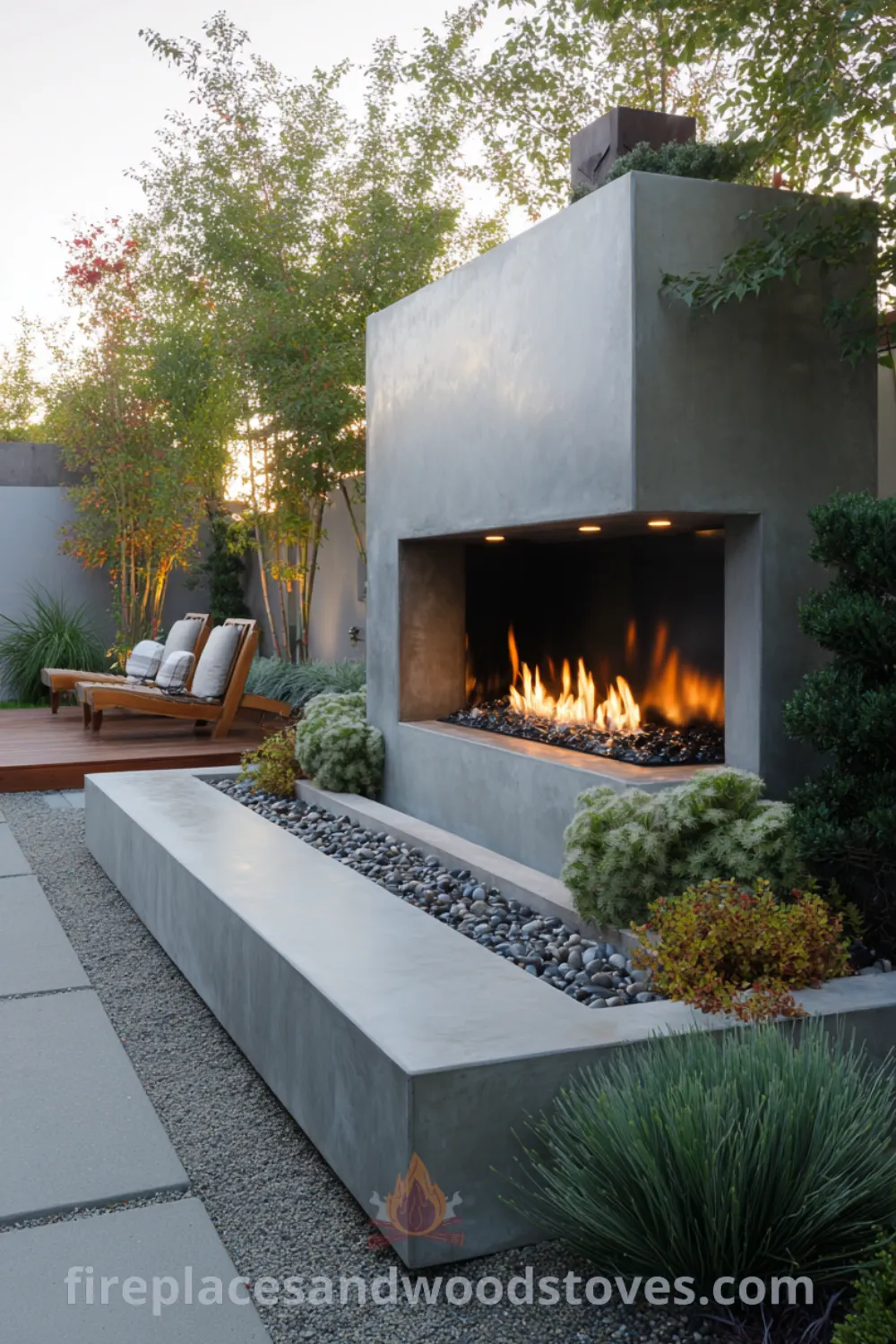 Modern garden featuring a sleek outdoor fireplace, light gray concrete base, drought-tolerant plants, and minimalist landscape elements.