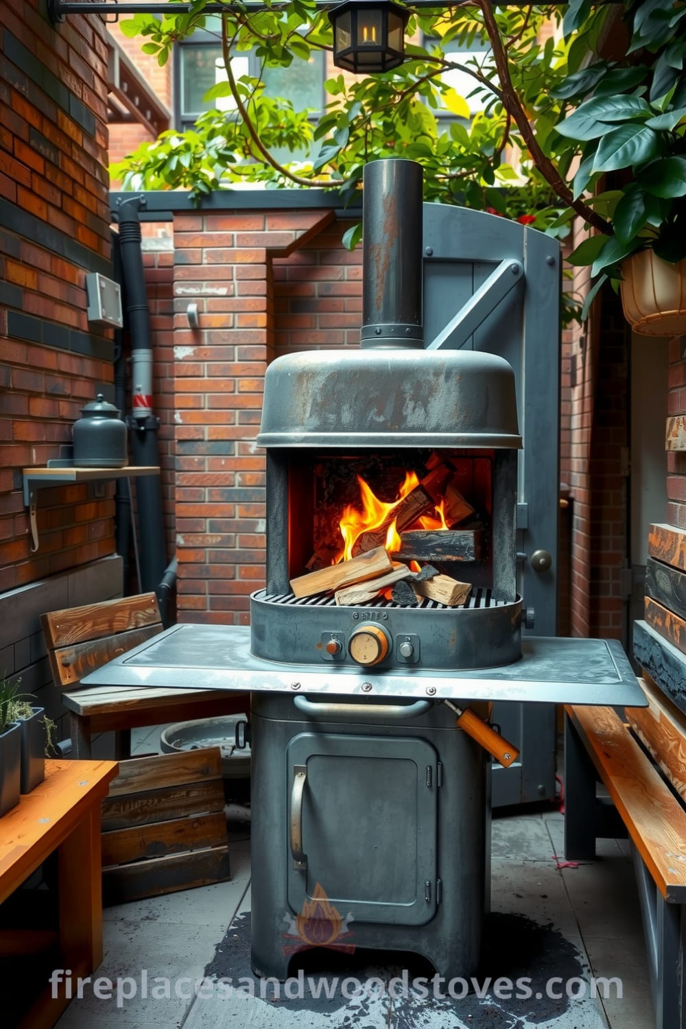 Industrial steel outdoor barbecue in a cozy urban courtyard, featuring warm wood fire, weathered surfaces, and inviting mismatched wooden benches, surrounded by brick walls and potted plants, offering cozy ideas and decor inspirations for your home. Visit fireplacesandwoodstoves.com for more unique ideas.