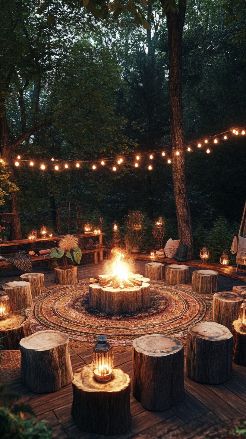 A rustic outdoor wedding ceremony featuring wooden seating around a fire pit, twinkling fairy lights, and a bohemian rug, set in a magical woodland atmosphere.