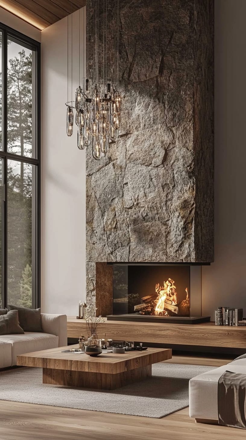 A modern living room featuring a stone fireplace, wooden parquet floor, large windows overlooking a forest, and minimalist decor.
