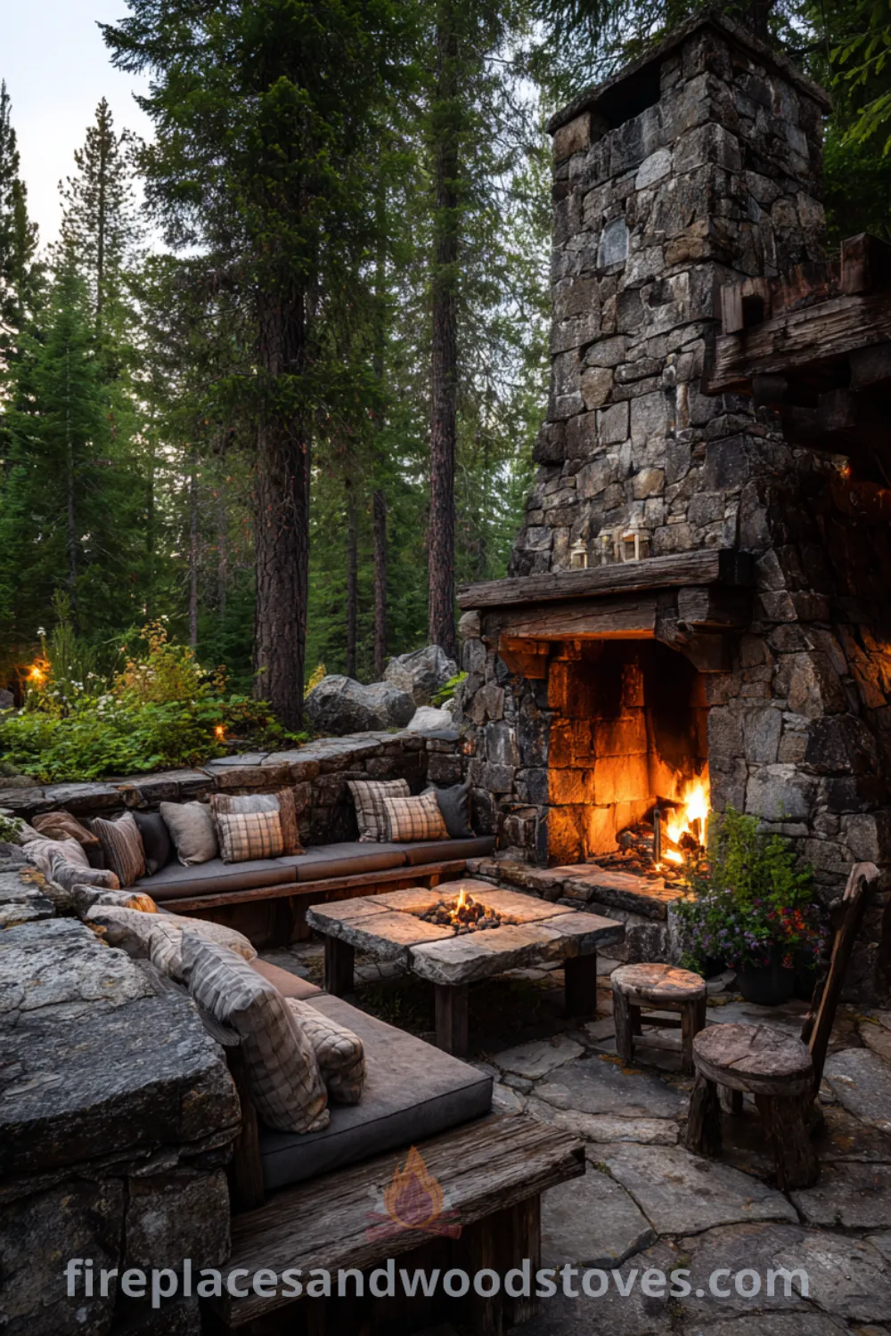 Rustic outdoor fireplace with a rough-hewn stone structure and reclaimed wood mantel surrounded by natural landscape, cozy outdoor space, and warm fire glow.