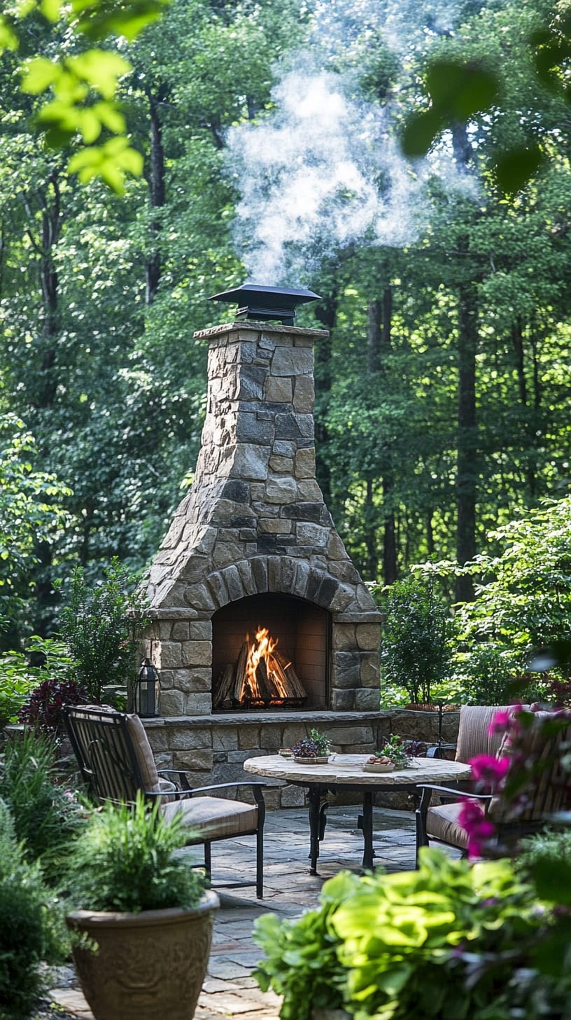 A stone outdoor fireplace surrounded by greenery and comfortable seating, creating a cozy atmosphere for gatherings.
