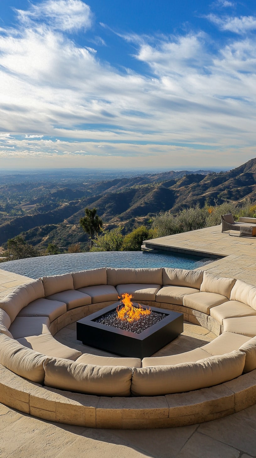 A luxurious outdoor fire pit surrounded by beige cushions, set beside an infinity pool with scenic views of hills and mountains.