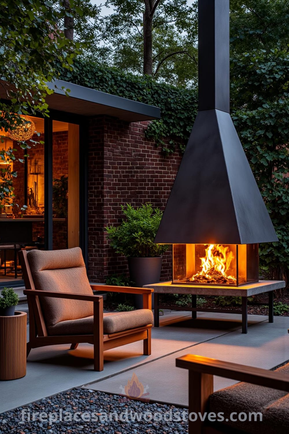 Industrial steel outdoor fireplace set against a weathered brick and gravel backdrop in an urban patio, flames creating a warm glow on the concrete floor, surrounded by mismatched furniture and greenery, offering cozy design ideas and inspirations for your home at fireplacesandwoodstoves.com.