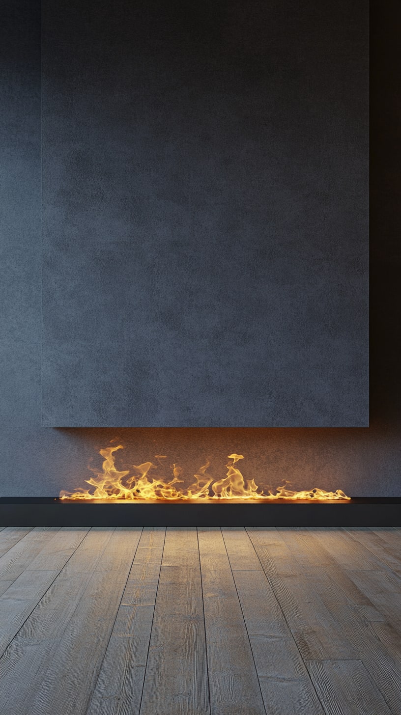 A modern minimalist fireplace with flames projected onto a dark gray wall in an empty room with a wooden floor.