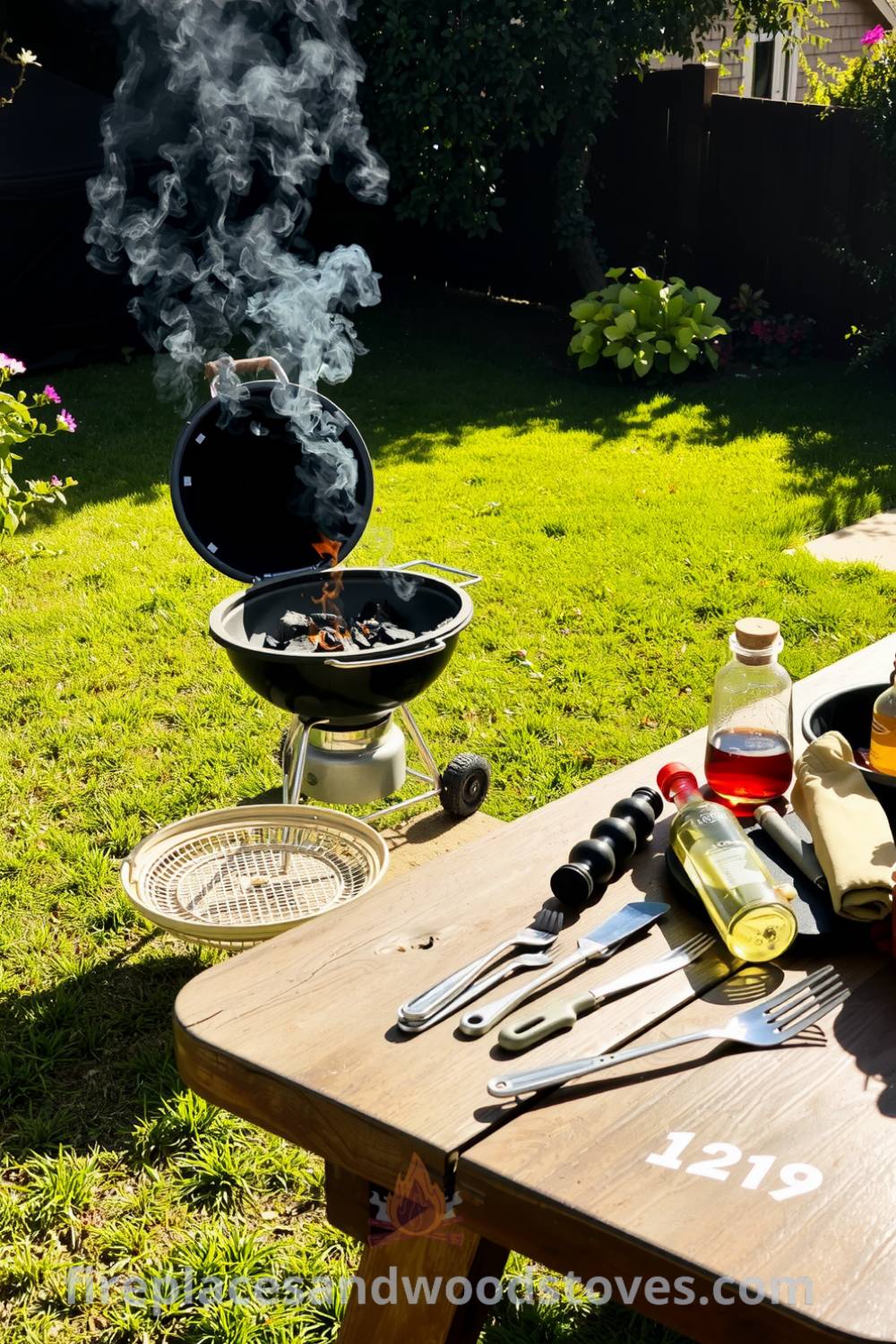 Charcoal barbecue on a grassy patch in a sun-drenched garden with flickering flames, accompanied by a weathered picnic table full of grilling tools, creating a cozy home atmosphere. Visit fireplacesandwoodstoves.com for more cozy ideas and decor inspirations.