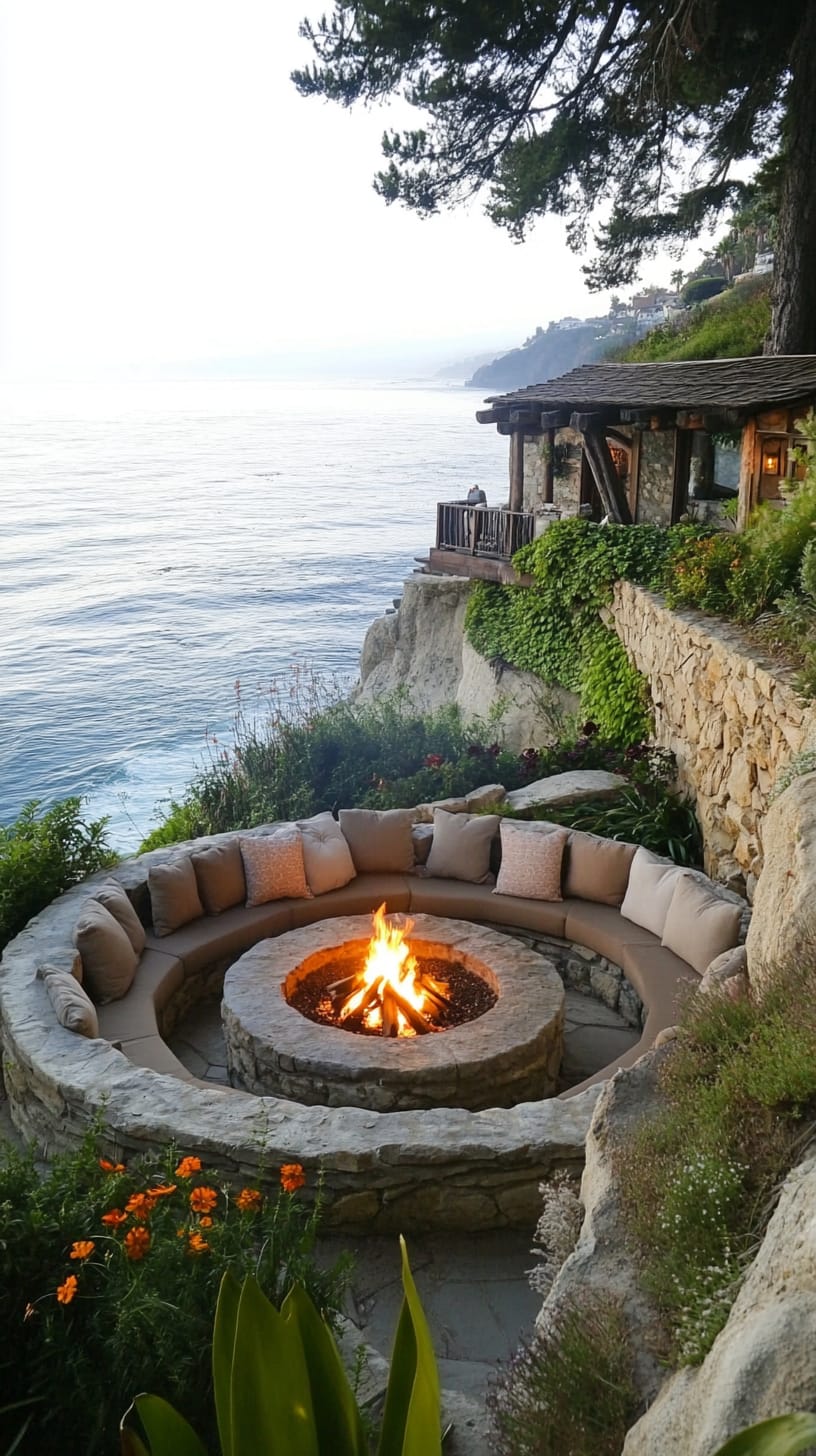 A cozy fire pit on a cliff overlooking the ocean in Big Sur, California, surrounded by lush greenery and natural stone seating.