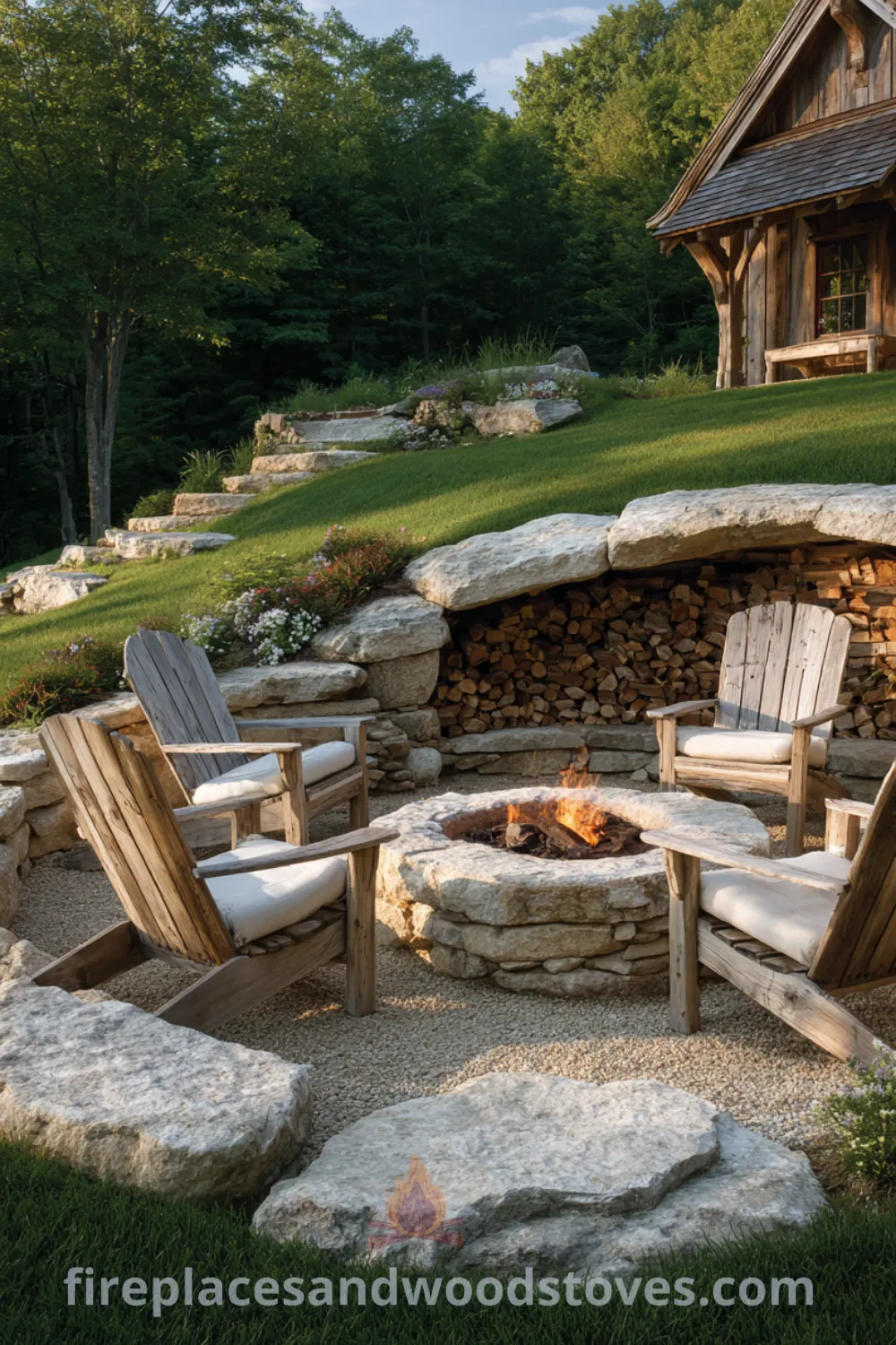 Rustic fire pit with natural stone, comfortable Adirondack chairs, and cozy outdoor space atmosphere for gatherings.