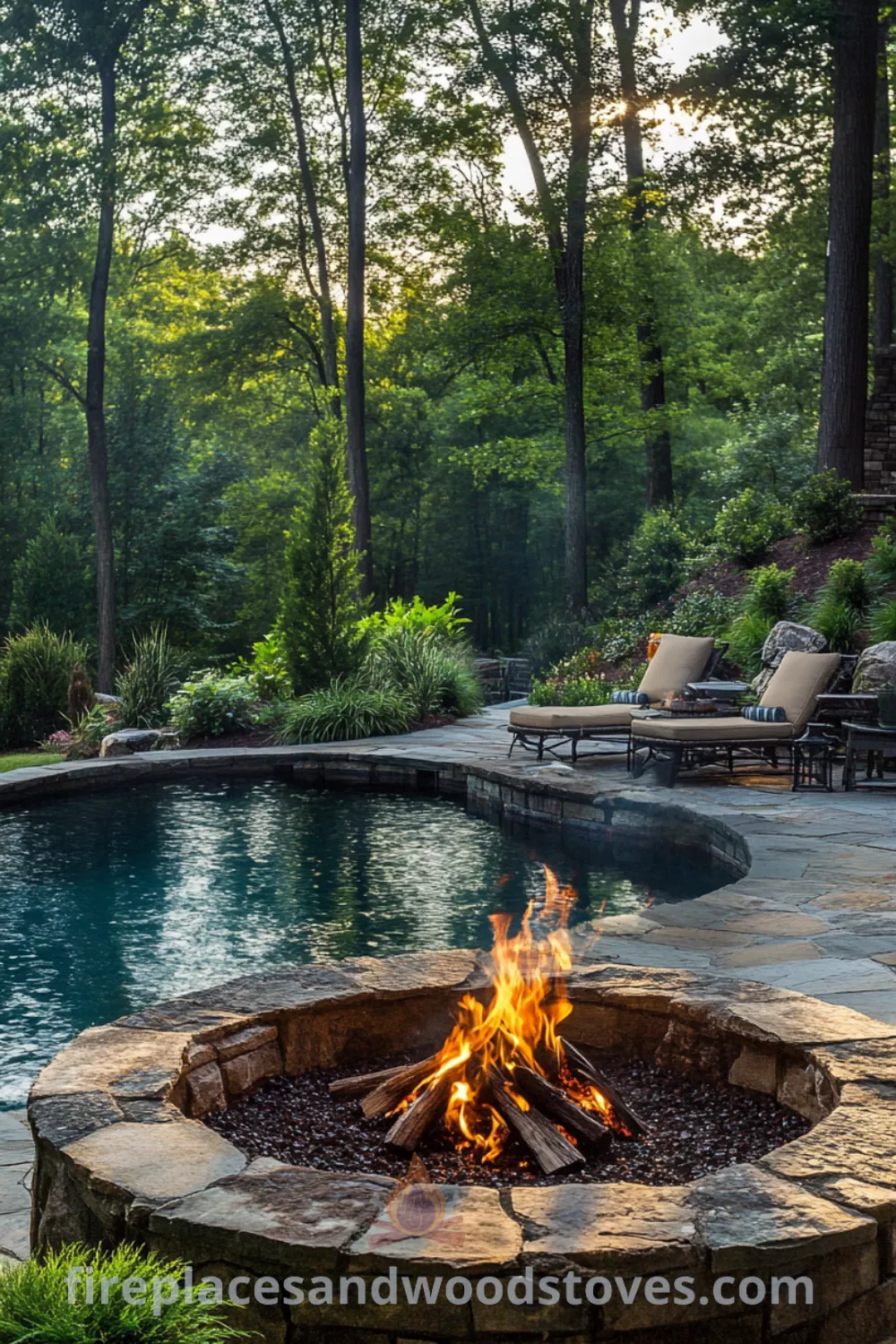 Tranquil poolside oasis with inground pool and sunken fire pit area on fireplacesandwoodstoves.com, showcasing pool landscaping and cozy backyard design ideas for a perfect outdoor entertainment area.