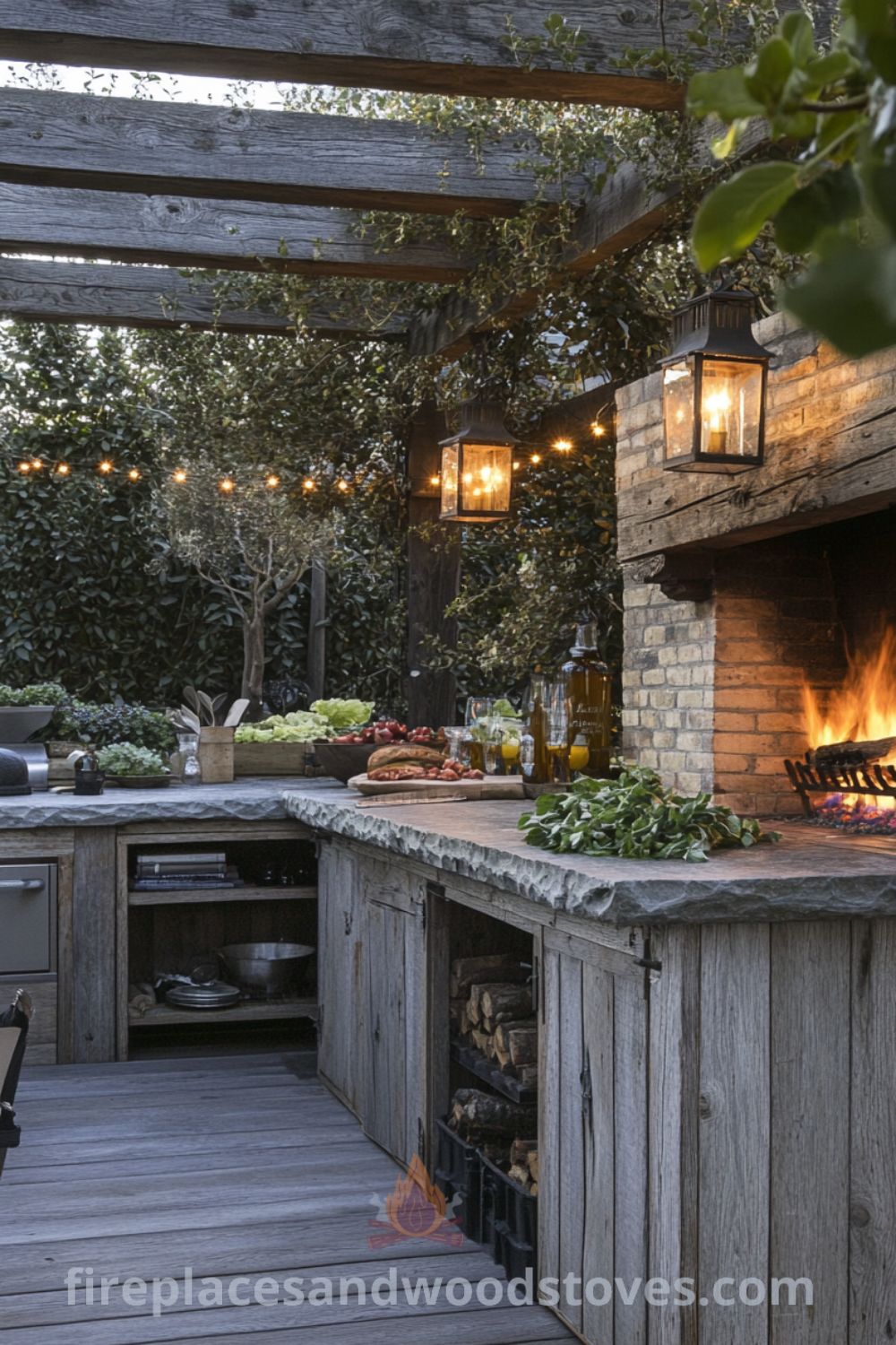 Rustic outdoor kitchen featuring stone countertops, wooden cabinets, and a wood-burning fireplace, creating a cozy ambiance, surrounded by herbs, inviting gatherings with friends and family. For more ideas, visit wellnesswink.com.