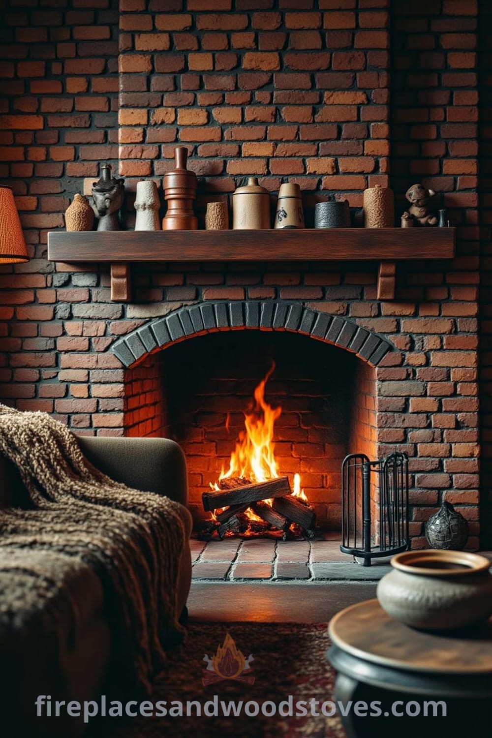 Cozy fireplace in a living room with aged bricks, warm flickering flames, a plush sofa draped in a woolen blanket, and a mantle lined with knickknacks, creating an inviting atmosphere and unique ideas for your home, featured on fireplacesandwoodstoves.com.