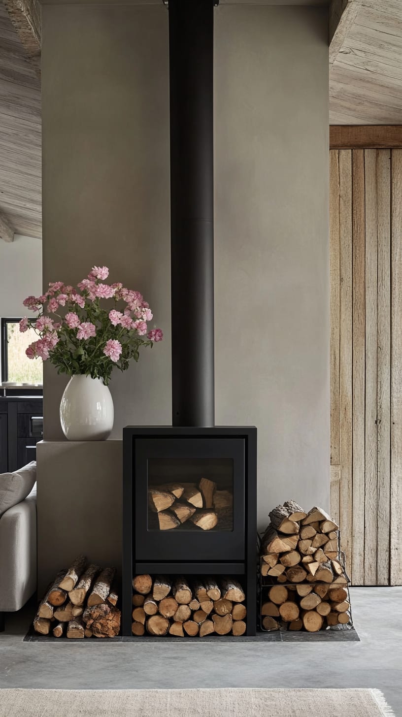 A modern wood stove surrounded by minimalist decor, featuring grey walls, stacked firewood, and pink flowers in a white vase.