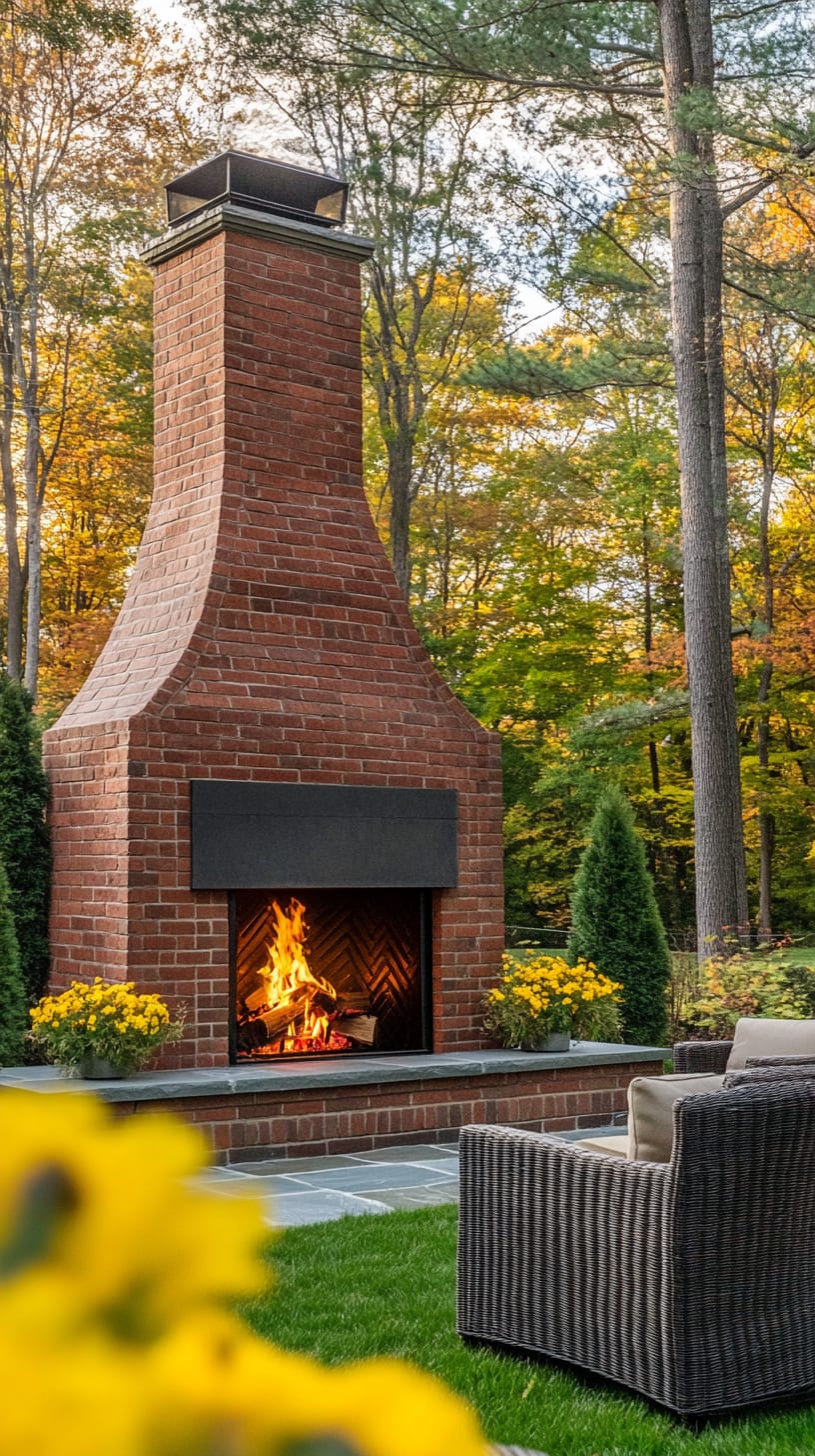 A cozy outdoor fireplace made of red brick, surrounded by yellow flowers and green grass, with autumn foliage in the background.
