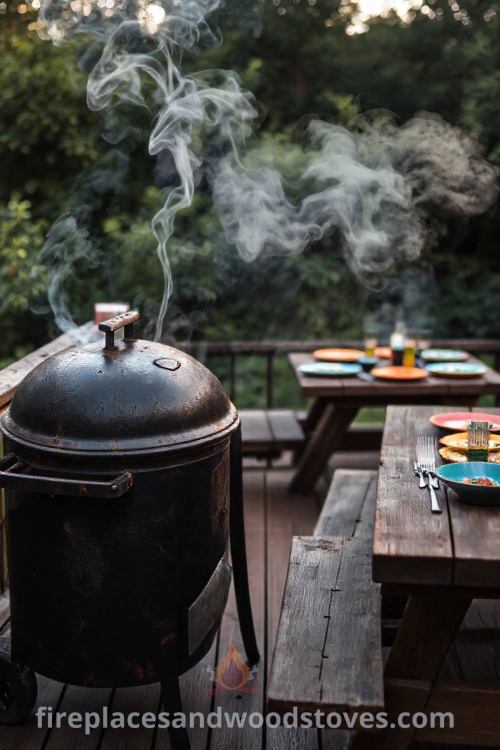 Outdoor barbecue smoker on a wooden deck with smoke rising, a rustic picnic table set nearby, surrounded by lush greenery, creating a cozy and inviting atmosphere for summer gatherings. Visit patioandhomefurniture.com for incredible outdoor design inspiration.