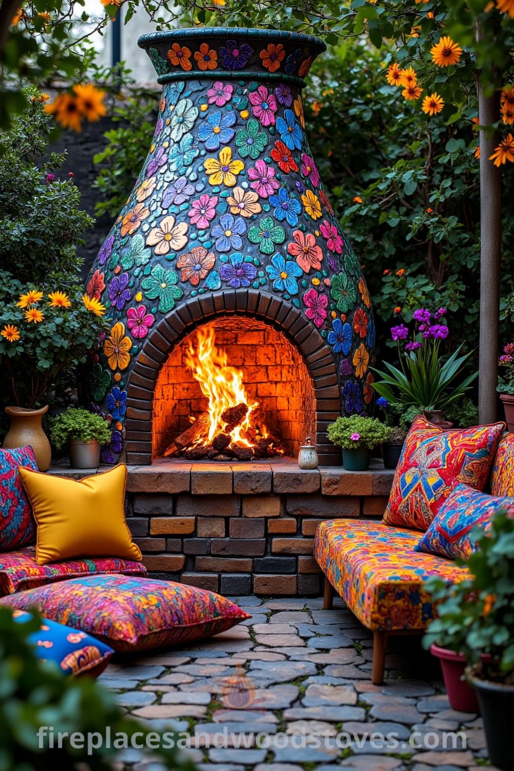 Colorful Bohemian mosaic fireplace in a cozy garden setting with flickering flames, intricate patterns, lush greenery, and mismatched cushions, offering unique decor ideas for an inspiring outdoor escape, featured on fireplacesandwoodstoves.com.