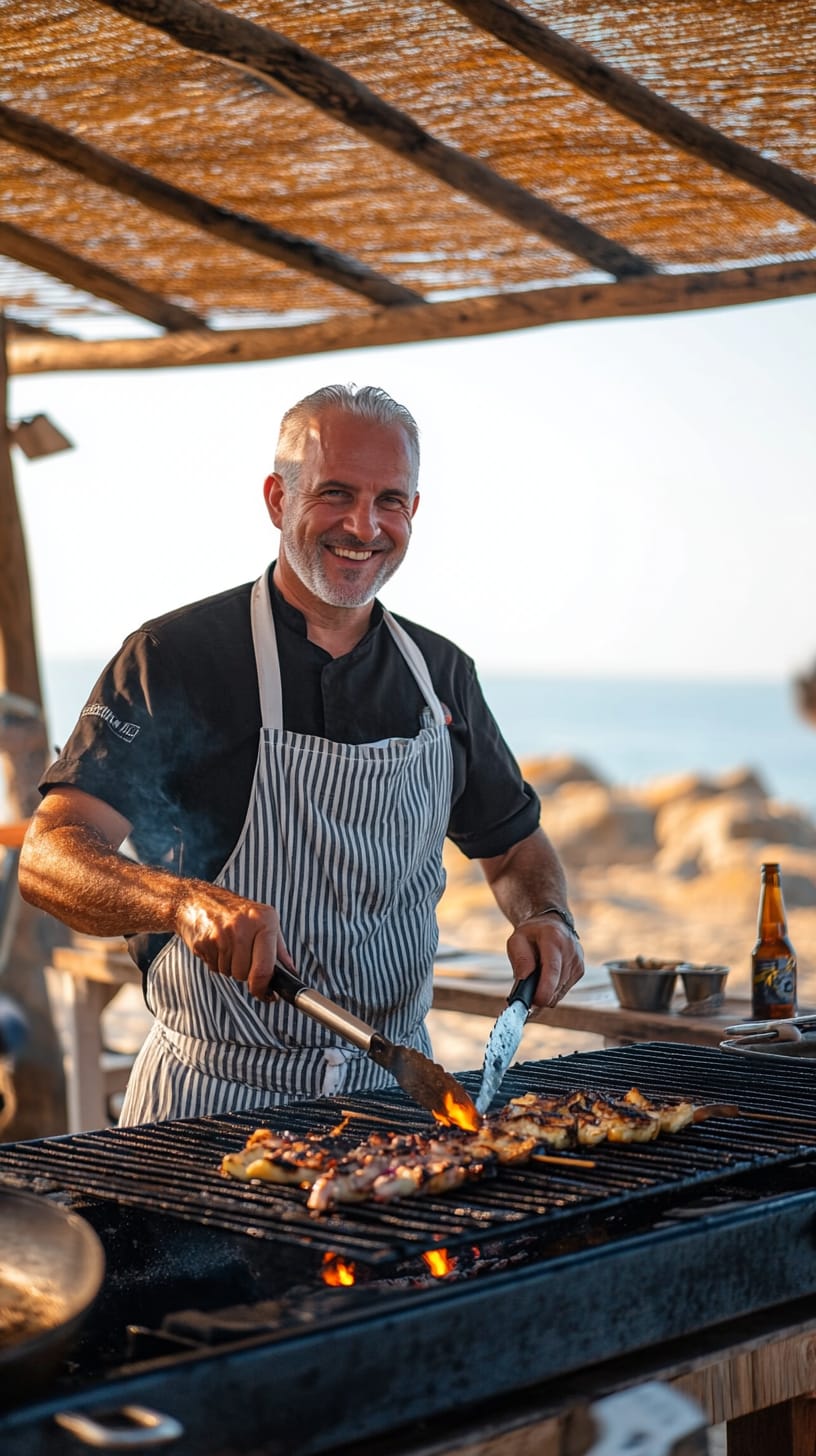 A smiling middle-aged man in a striped apron grilling at the beach during golden hour, with a backdrop of the sea and sandy dunes, surrounded by delicious food and beer bottles.