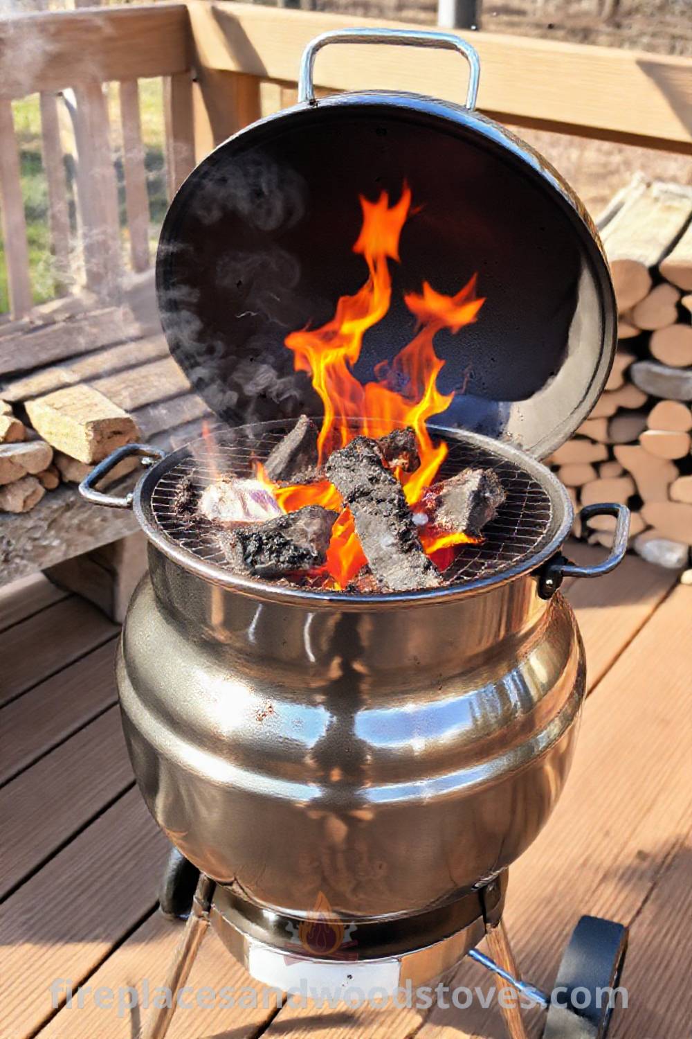 Kettle grill barbecue on a wooden deck with vibrant flames, gleaming metal, and a stack of seasoned firewood nearby, creating cozy ideas for outdoor living and inspiration for shared meals at fireplacesandwoodstoves.com.