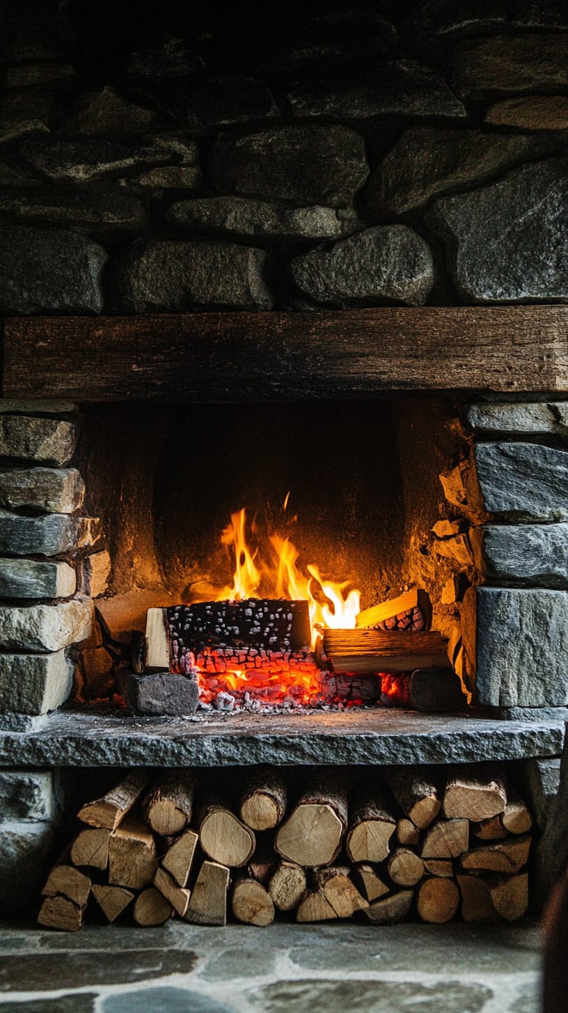 A rustic stone fireplace with burning wood, creating a warm atmosphere in a cabin-style interior, surrounded by natural light and rustic decor elements.
