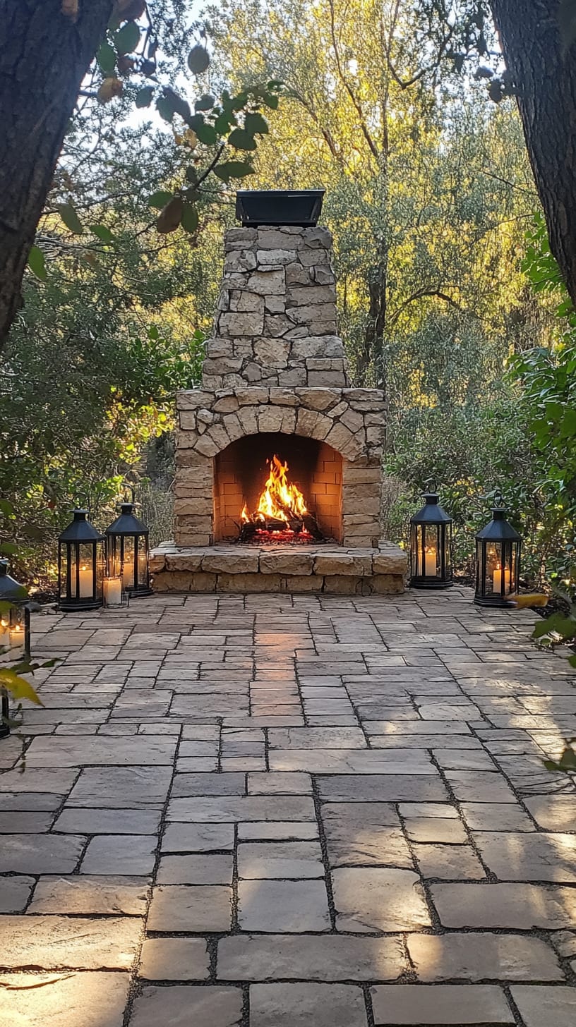 A stone outdoor fireplace in a lush patio setting, surrounded by trees and shrubs, with lanterns on either side and a cobblestone floor.