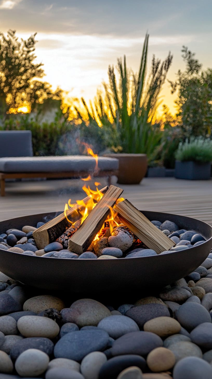 A modern fire pit surrounded by pebbles and plants on a rooftop terrace at sunset, creating a cozy and inviting atmosphere.
