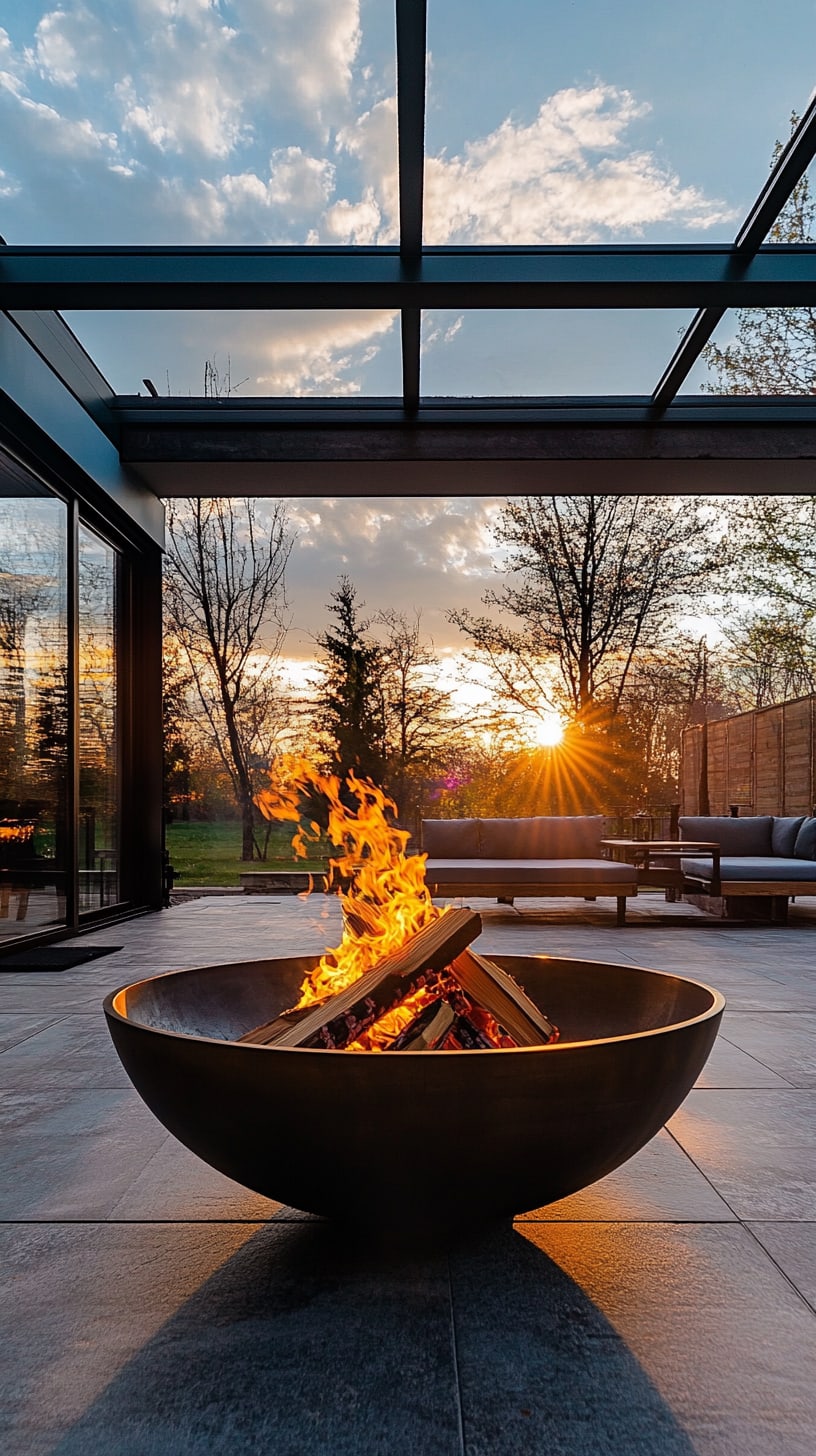 A large fire pit situated on the patio of a modern home with a glass roof, glowing warmly at sunset.
