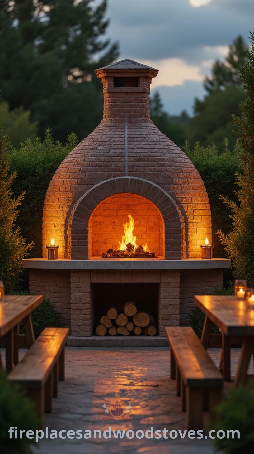 A large outdoor brick and clay pizza oven in a garden setting, with a chimney and arched entrance, surrounded by greenery and wooden tables for preparation and serving.