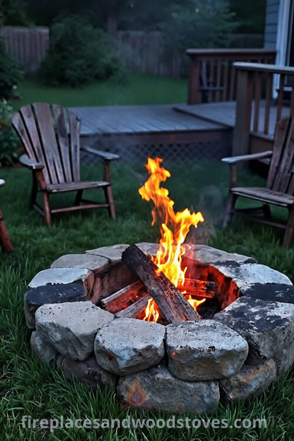 Backyard fire pit made of stone surrounded by lush grass and wooden chairs, creating a cozy atmosphere for gatherings, perfect for sharing stories and laughter. Visit patioandhomefurniture.com for incredible ideas to transform your backyard.