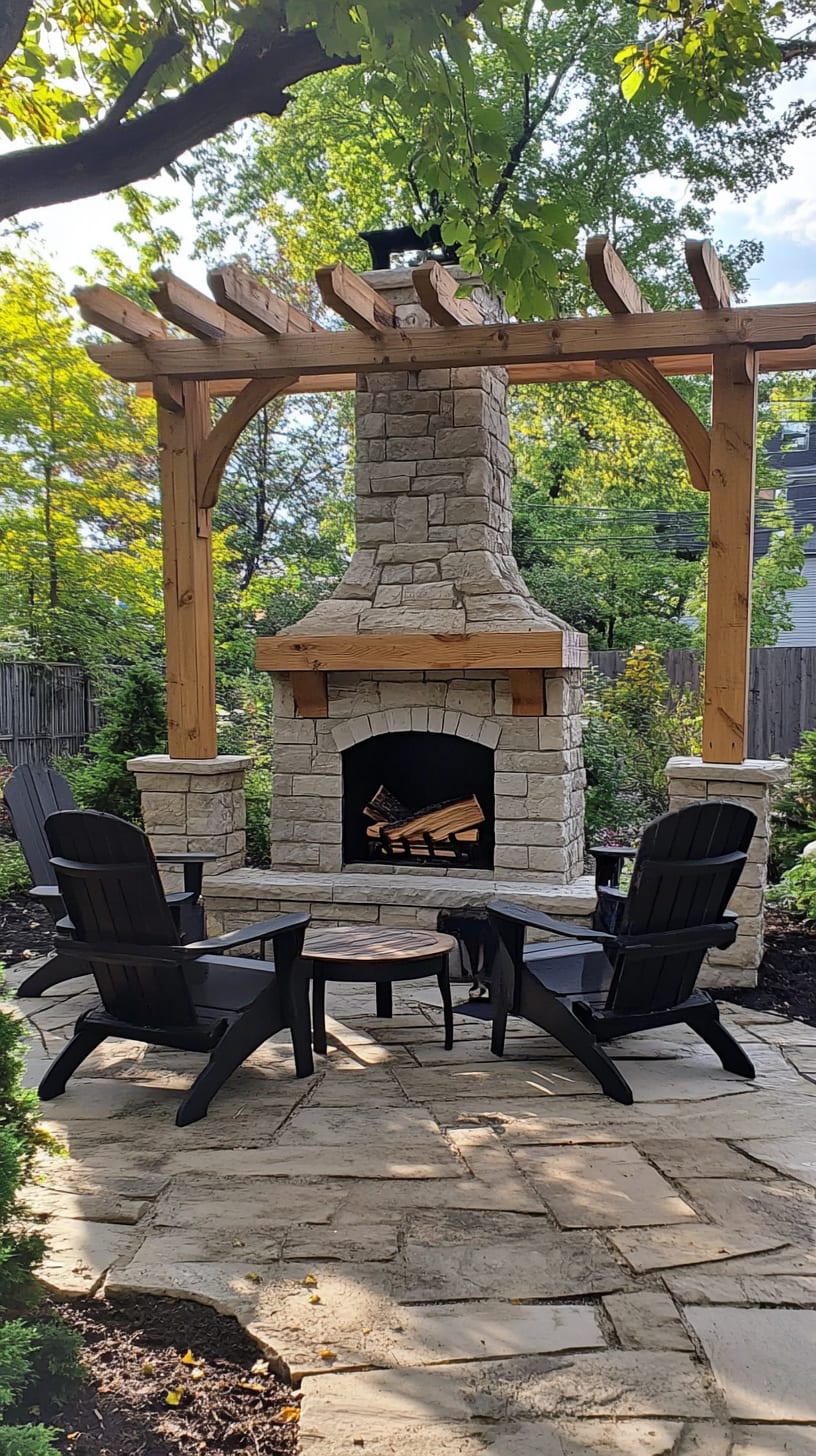 A cozy outdoor fireplace with black chairs and an arbor, surrounded by stone pavers and lush greenery, creating an inviting backyard retreat.