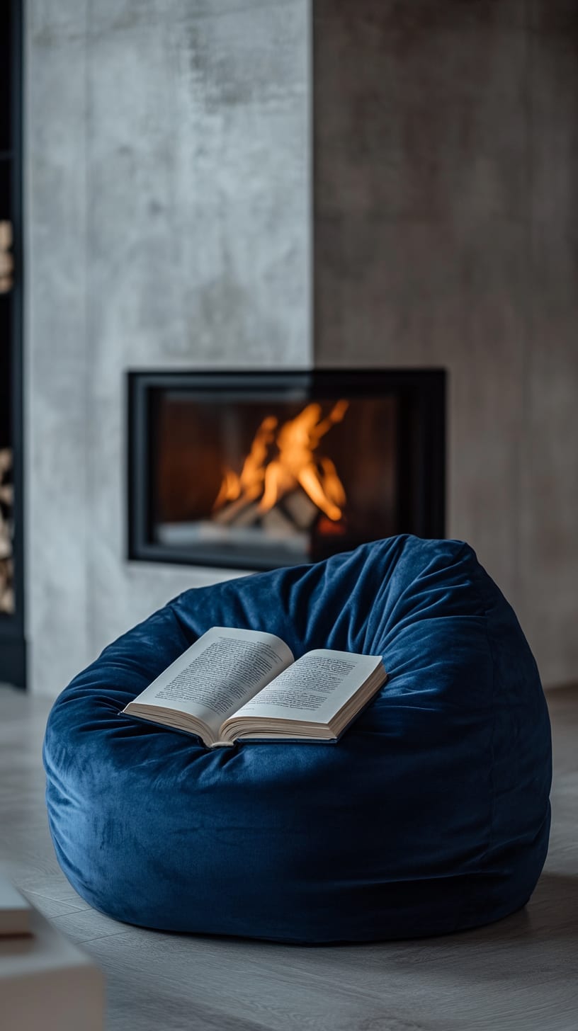 A blue velvet beanbag chair in front of a fireplace, accompanied by an open book, set against modern concrete walls.