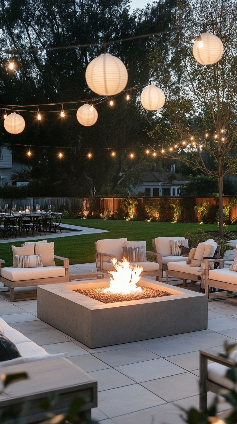 An inviting outdoor setting featuring a fire pit surrounded by comfortable seating, with string lights and paper lanterns overhead, creating a cozy atmosphere for evening gatherings.