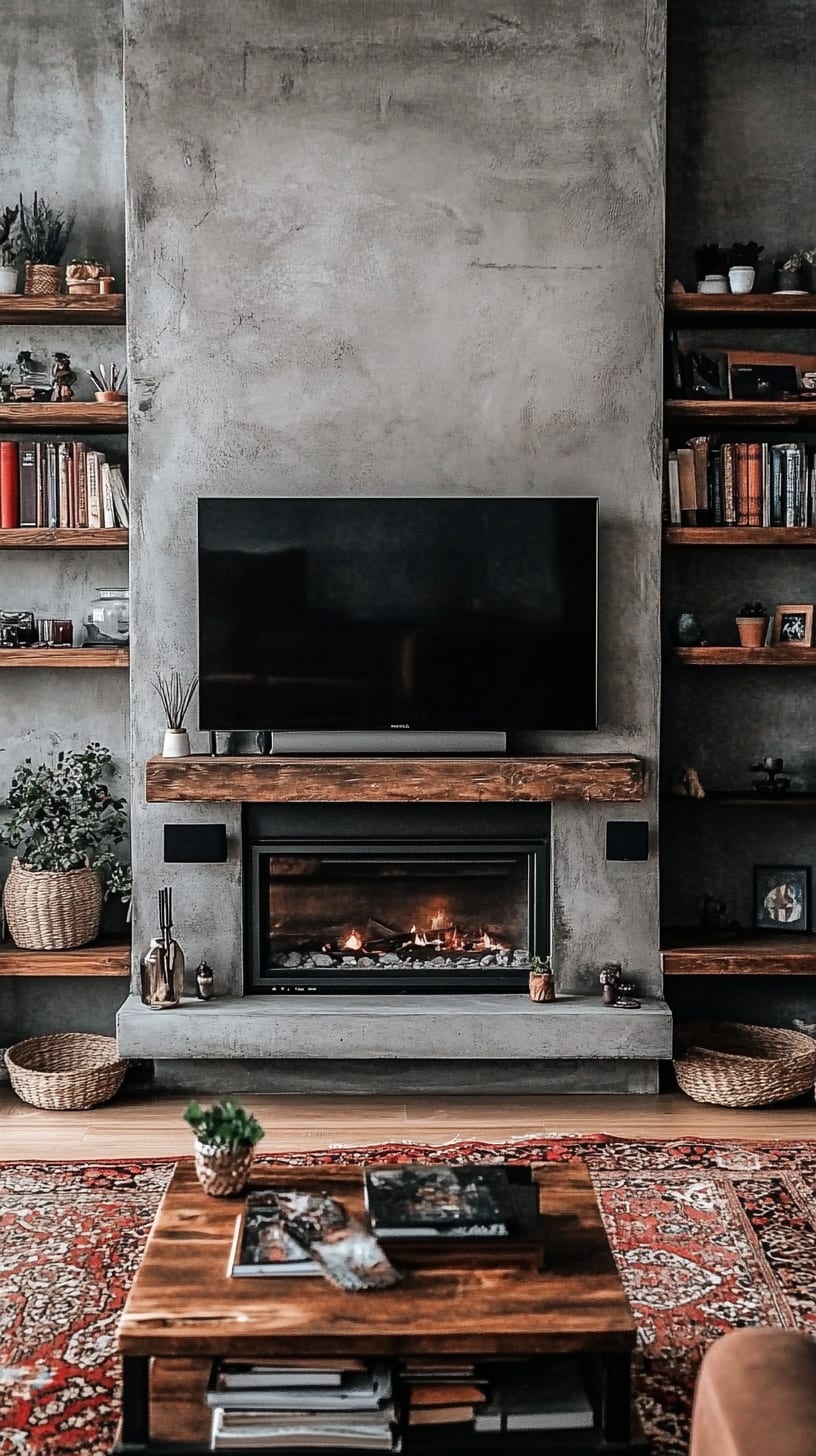 A cozy living room featuring a dark gray concrete wall, a fireplace, a TV on the shelf, rustic wooden furniture, and boho-style decorations.