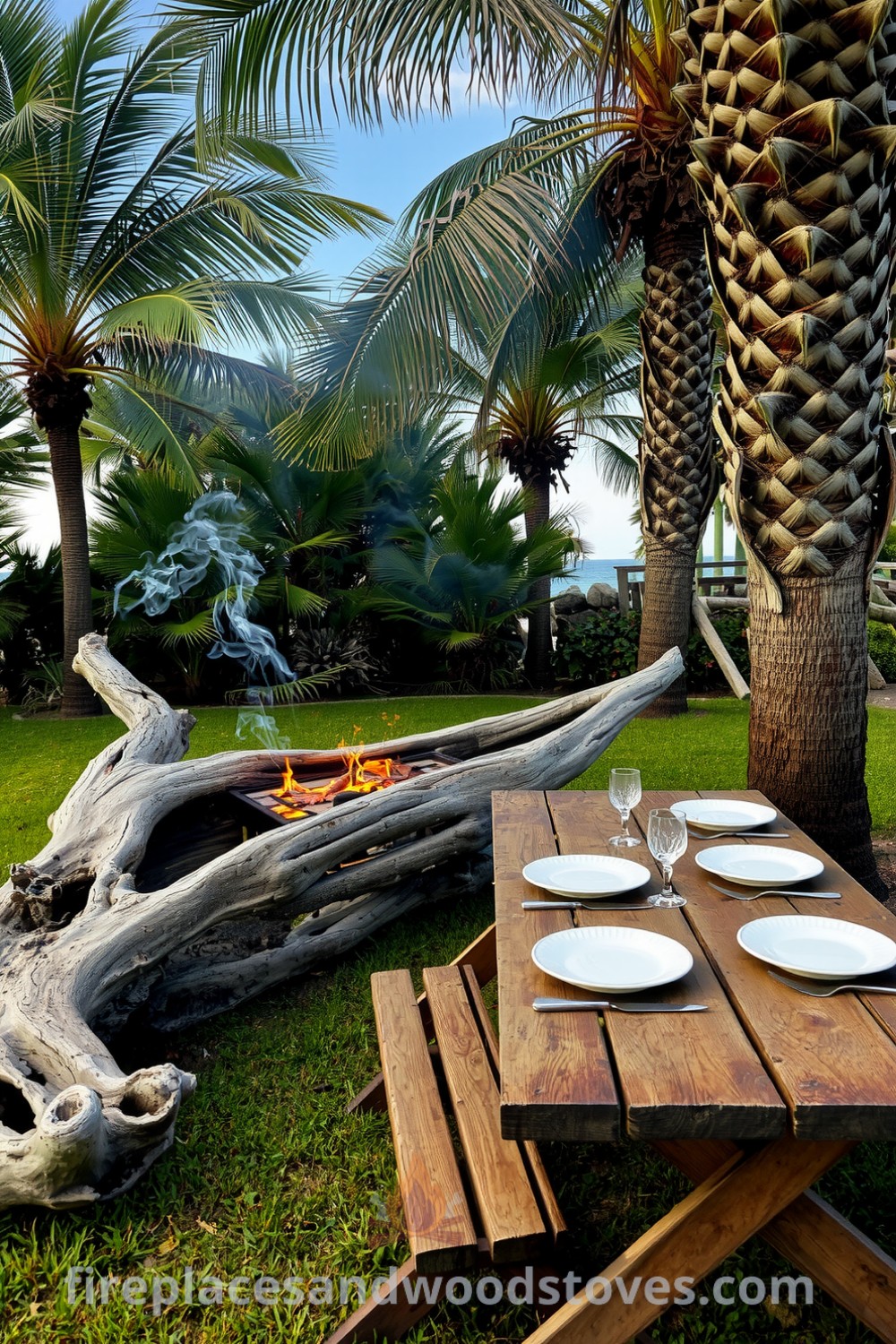 A rustic coastal barbecue setup featuring elegant sun-bleached driftwood, vibrant green grass, smoke rising from grilled meats, and an old wooden table with mismatched plates, creating a cozy outdoor gathering atmosphere perfect for sharing stories and enjoying meals in a relaxed coastal environment, visit fireplacesandwoodstoves.com for cozy ideas.