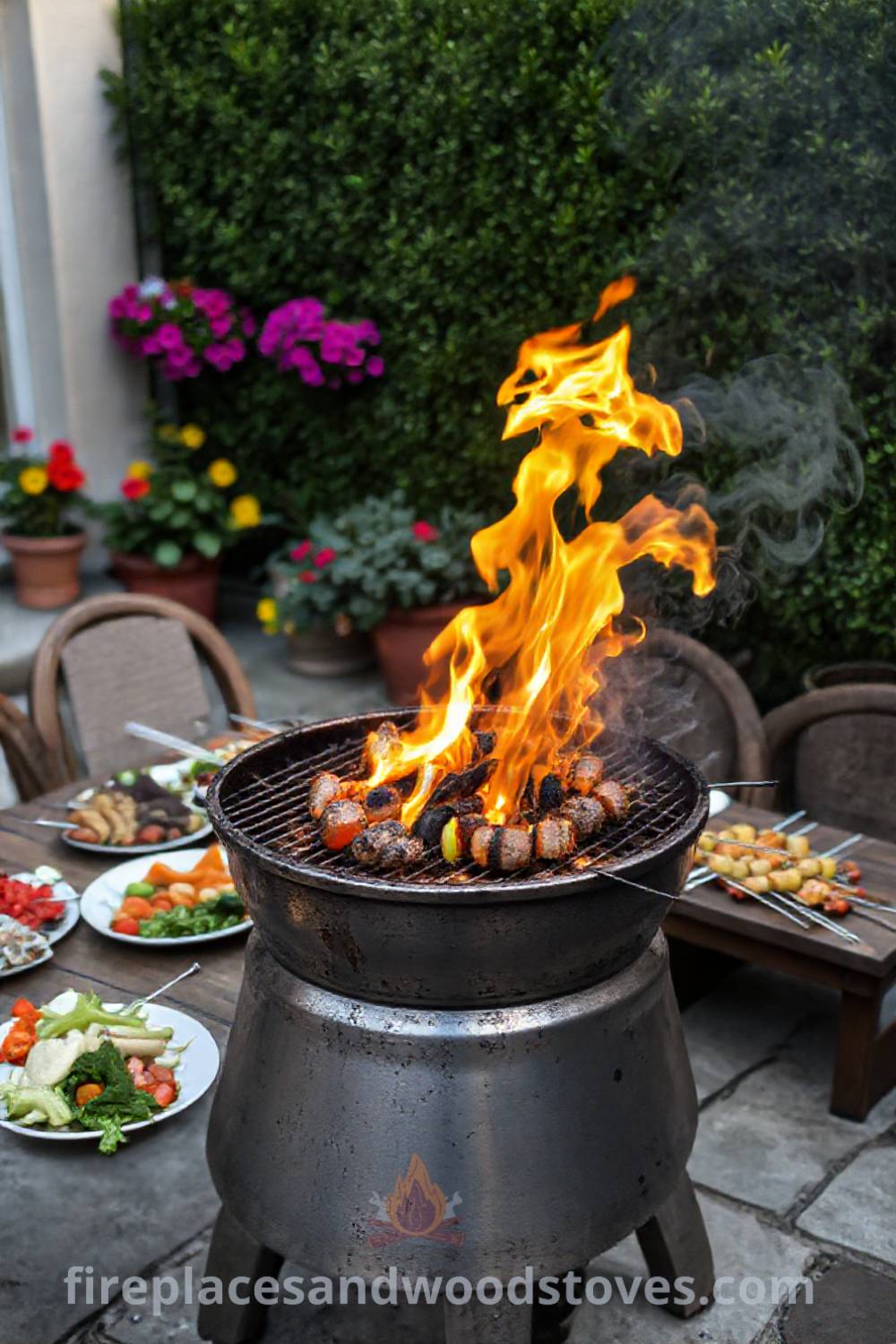Turkish mangal barbecue on a stone-paved patio surrounded by fresh vegetables and skewers, creating a cozy outdoor atmosphere perfect for gatherings. Visit patioandhomefurniture.com for stylish outdoor ideas and design inspiration that will wow your guests.
