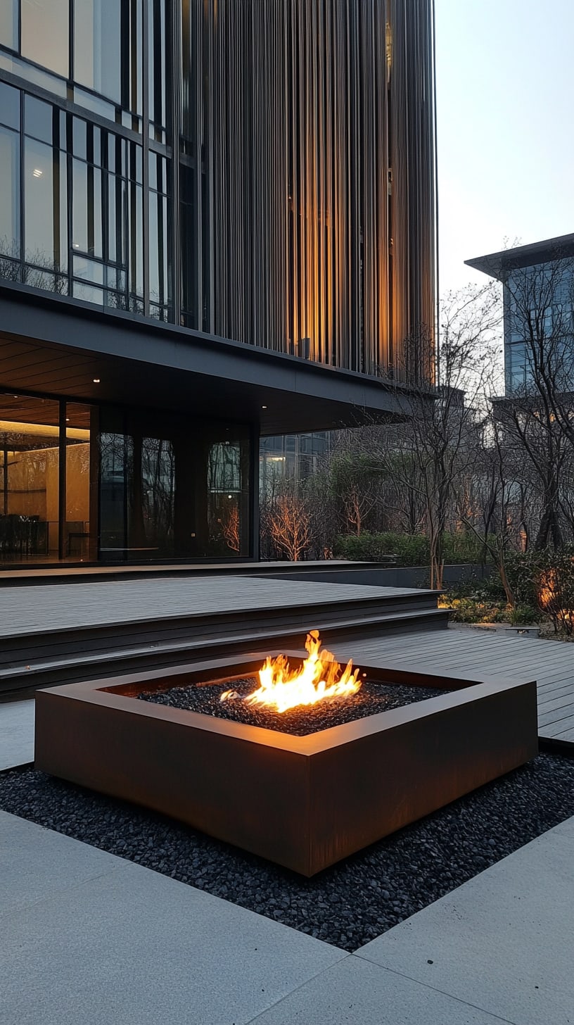 A square modern fire pit made of rusty steel set in a minimalist outdoor courtyard with a serene atmosphere.