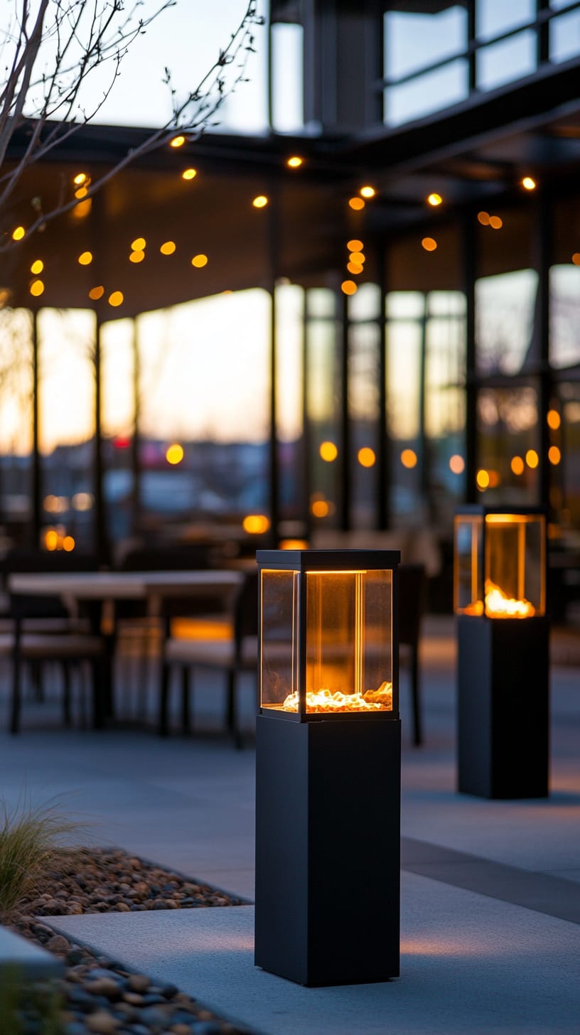 Three modern outdoor fire pit displays with black steel frames, glowing warmly, set on a concrete patio in front of a contemporary restaurant at dusk with surrounding greenery.