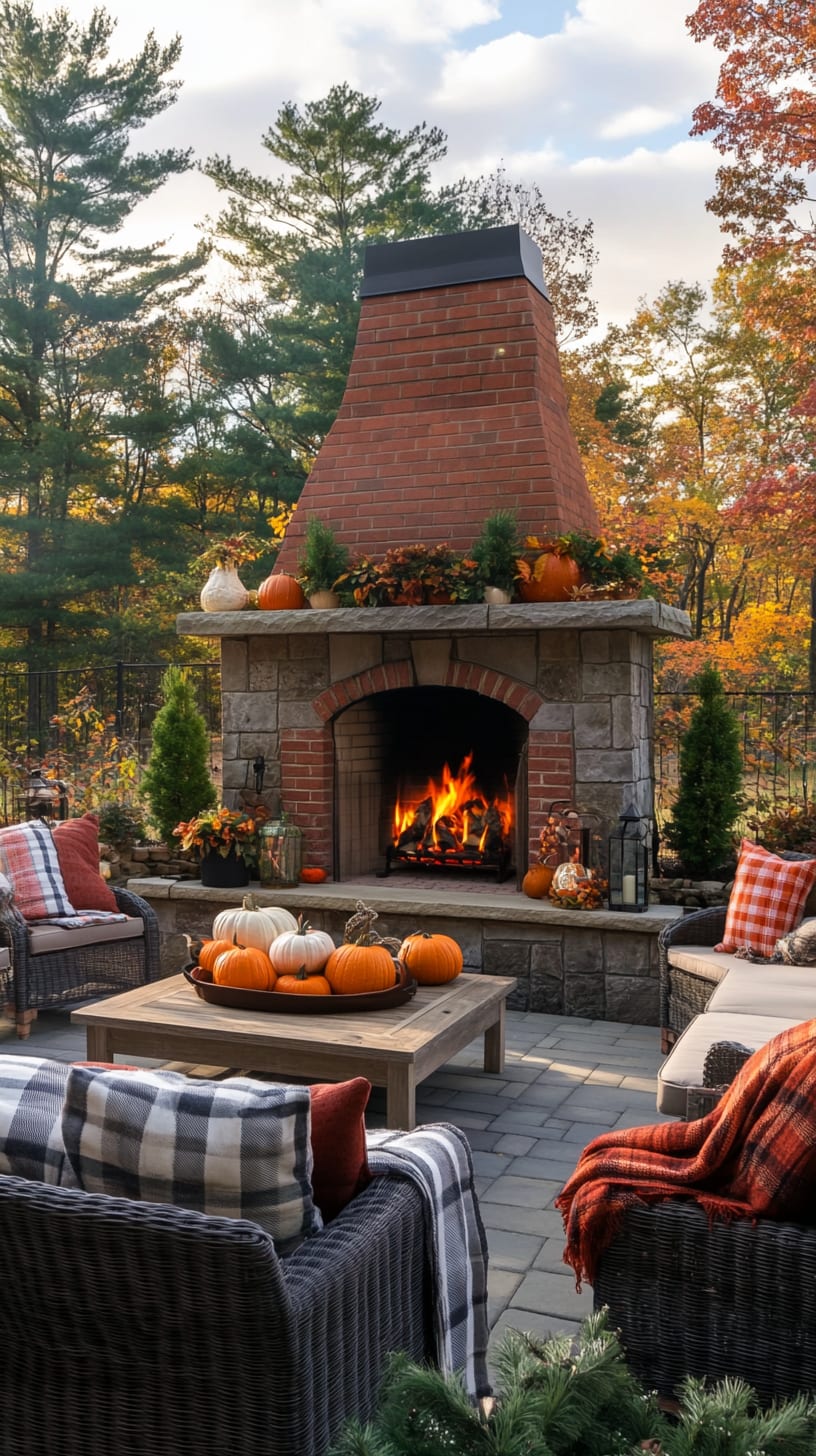 A large outdoor fireplace surrounded by cozy seating, pumpkins, and plaid blankets with colorful autumn foliage in the backdrop, creating an inviting space for gatherings.