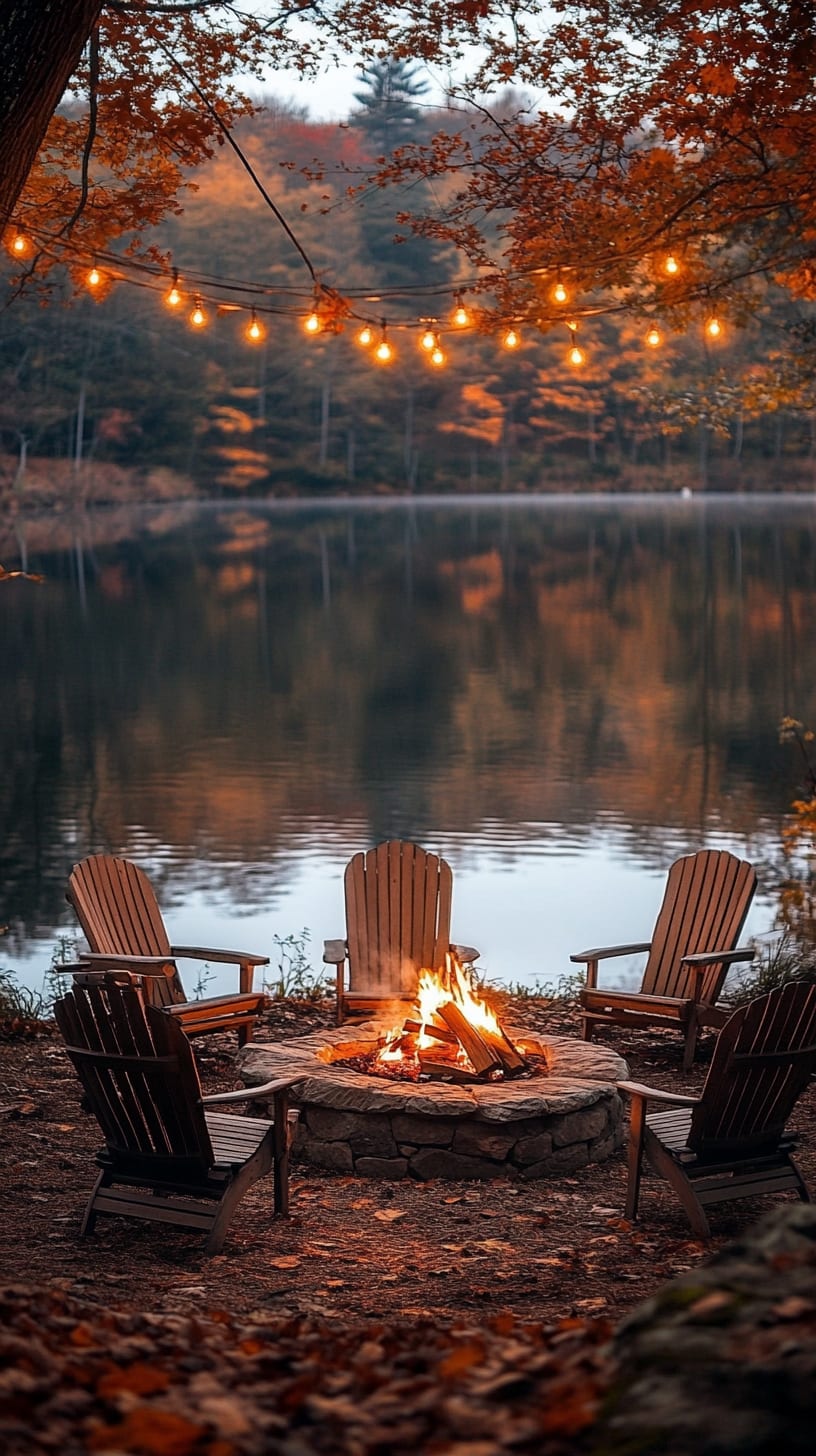 A serene lakeside campfire scene with wooden chairs around the fire, surrounded by autumn foliage and illuminated by string lights, reflecting in the calm water.