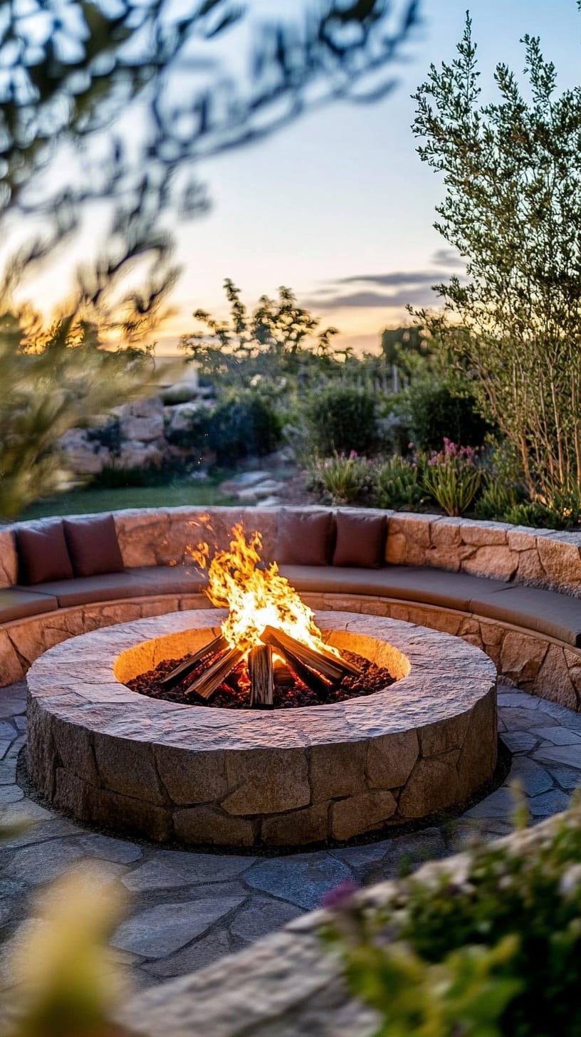 A round stone fire pit surrounded by greenery and sunset, featuring comfortable seating and illuminating flames.